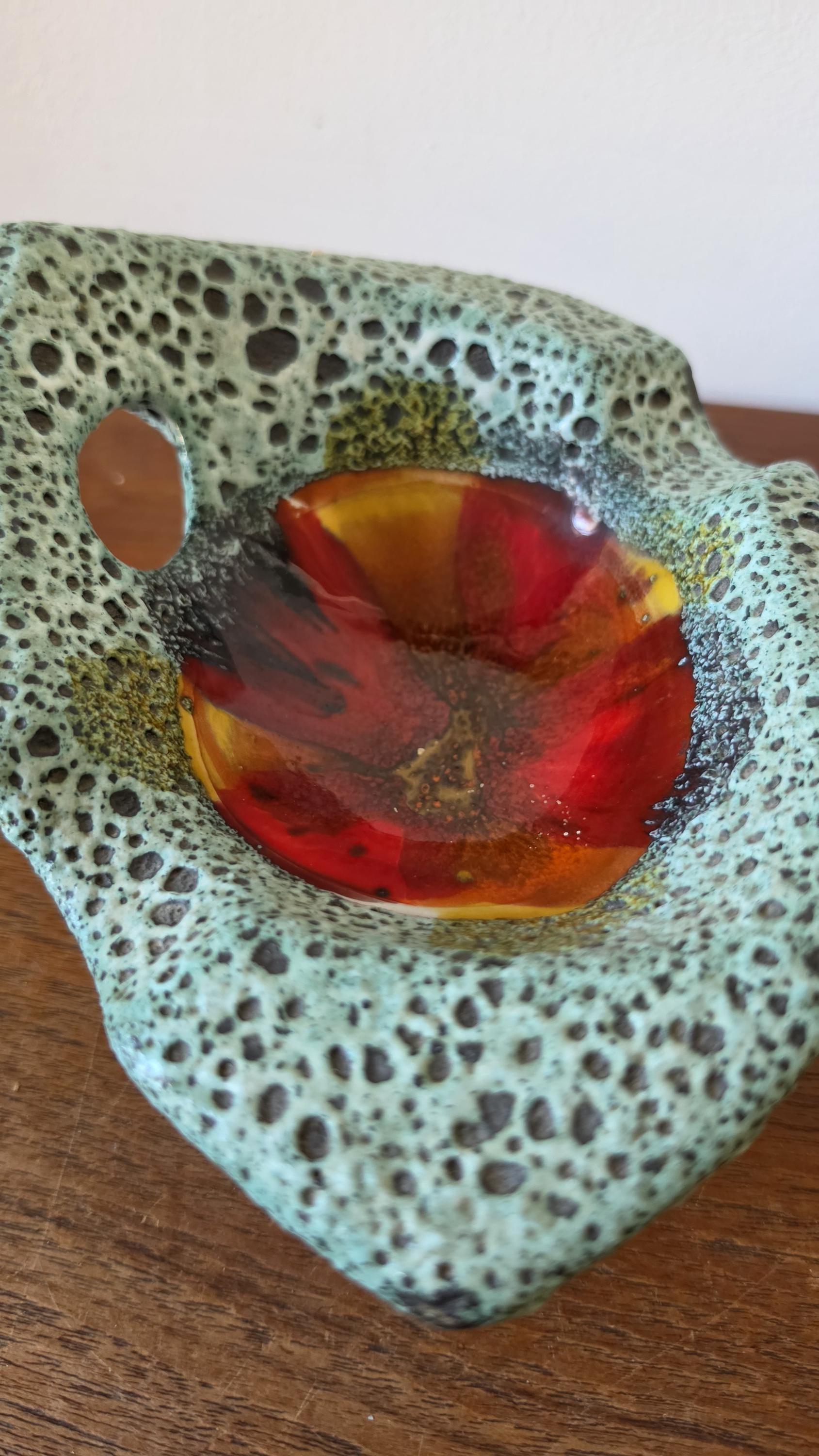 Vintage Vallauris Style Lava Glaze Bowl, Mid Century French Art Pottery Dish, Turquoise Speckled Ceramic with Red Center