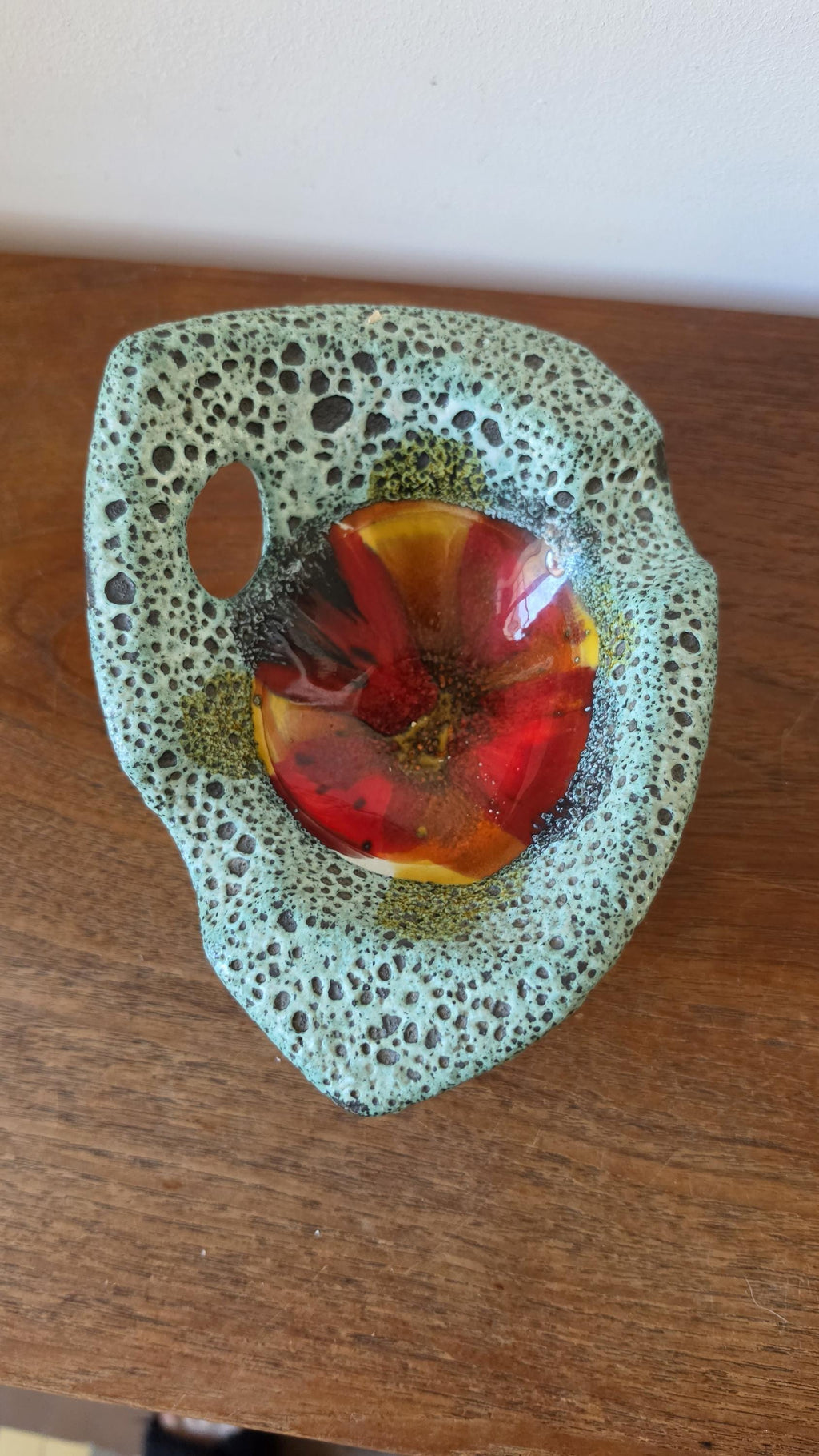 Vintage Vallauris Style Lava Glaze Bowl, Mid Century French Art Pottery Dish, Turquoise Speckled Ceramic with Red Center