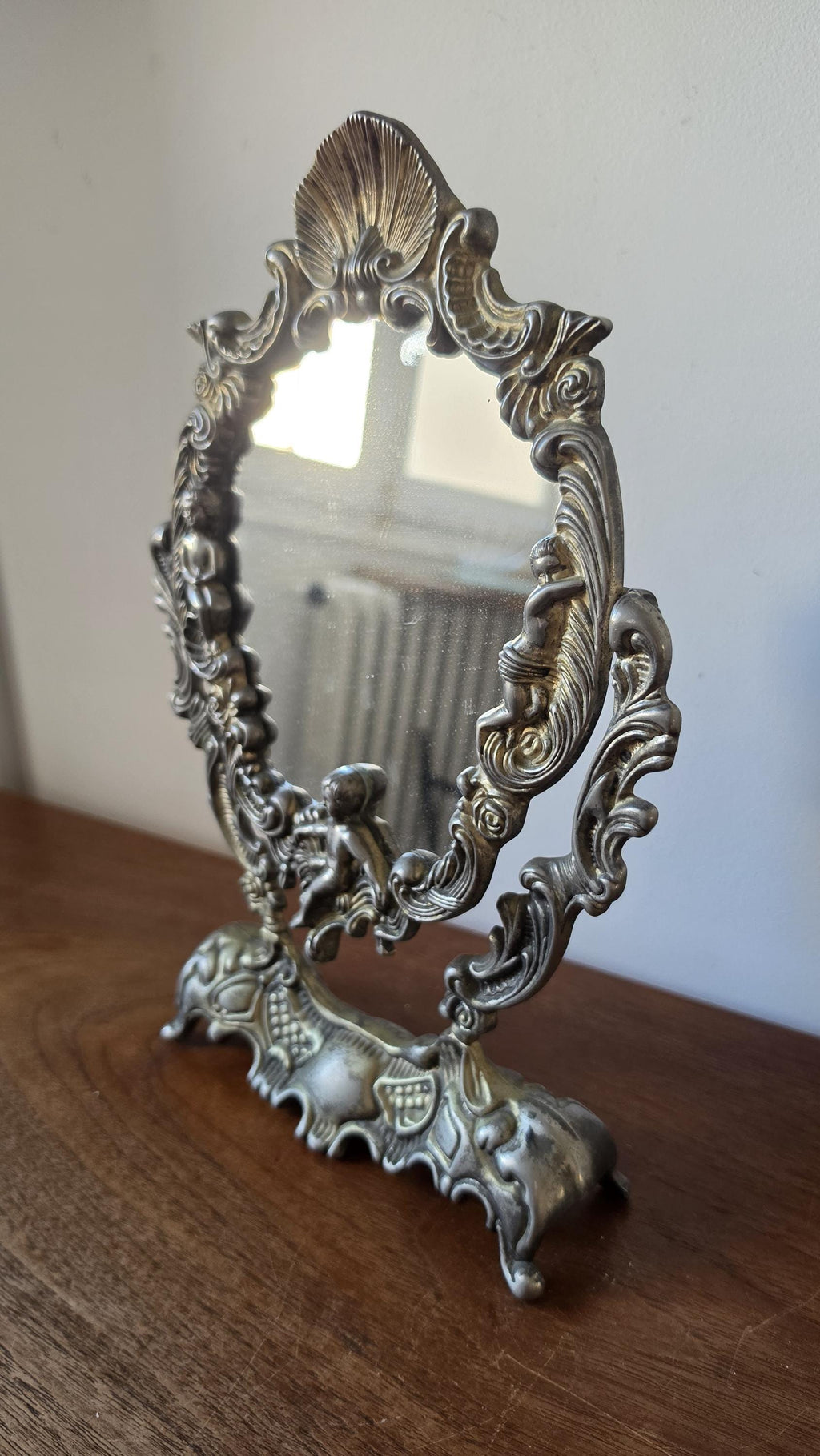Vintage Ornate Cherub Vanity Mirror, Baroque Style Table Mirror, Silver Tone Dressing Mirror, Romantic Boudoir Decor