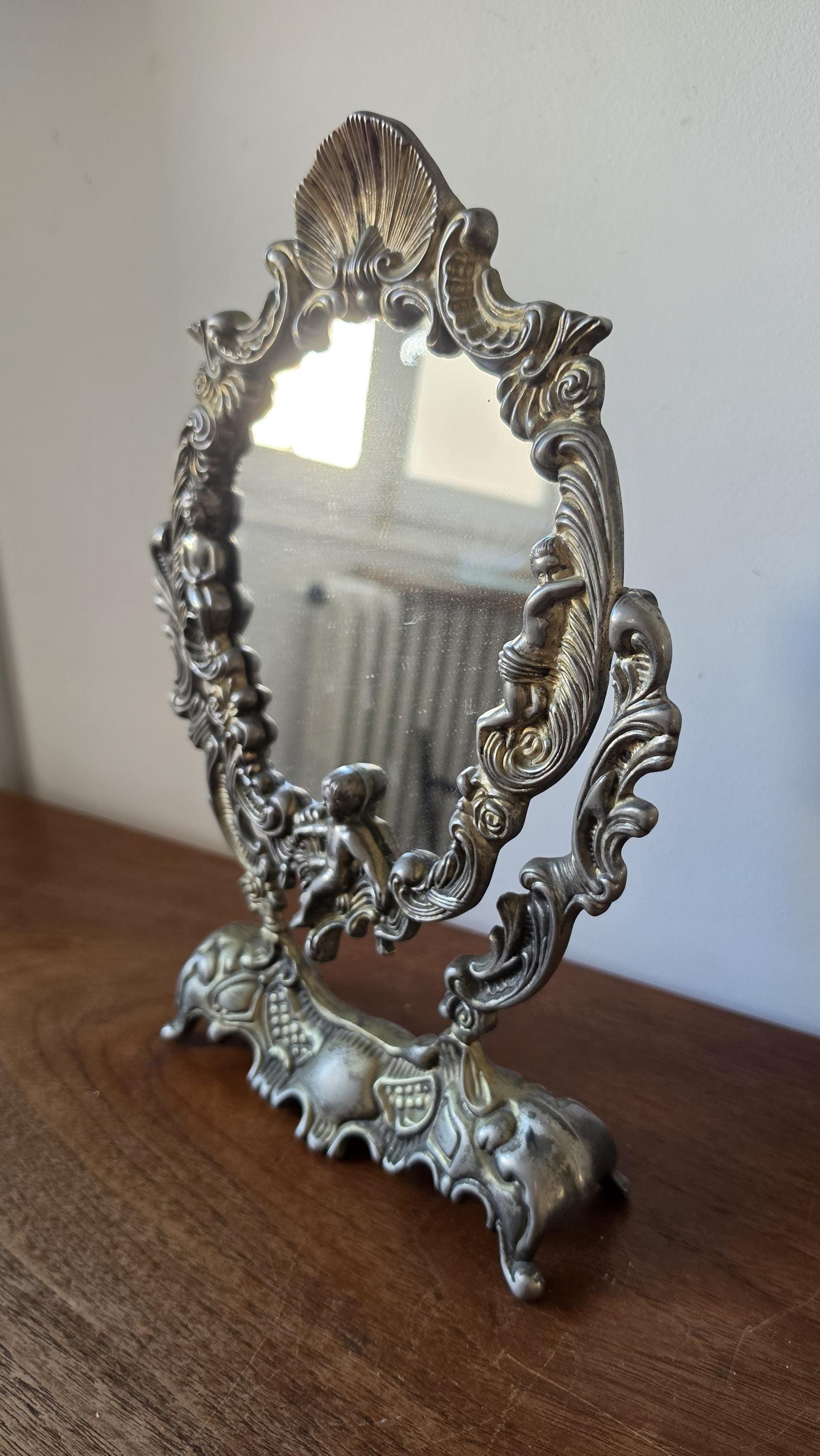 Vintage Ornate Cherub Vanity Mirror, Baroque Style Table Mirror, Silver Tone Dressing Mirror, Romantic Boudoir Decor