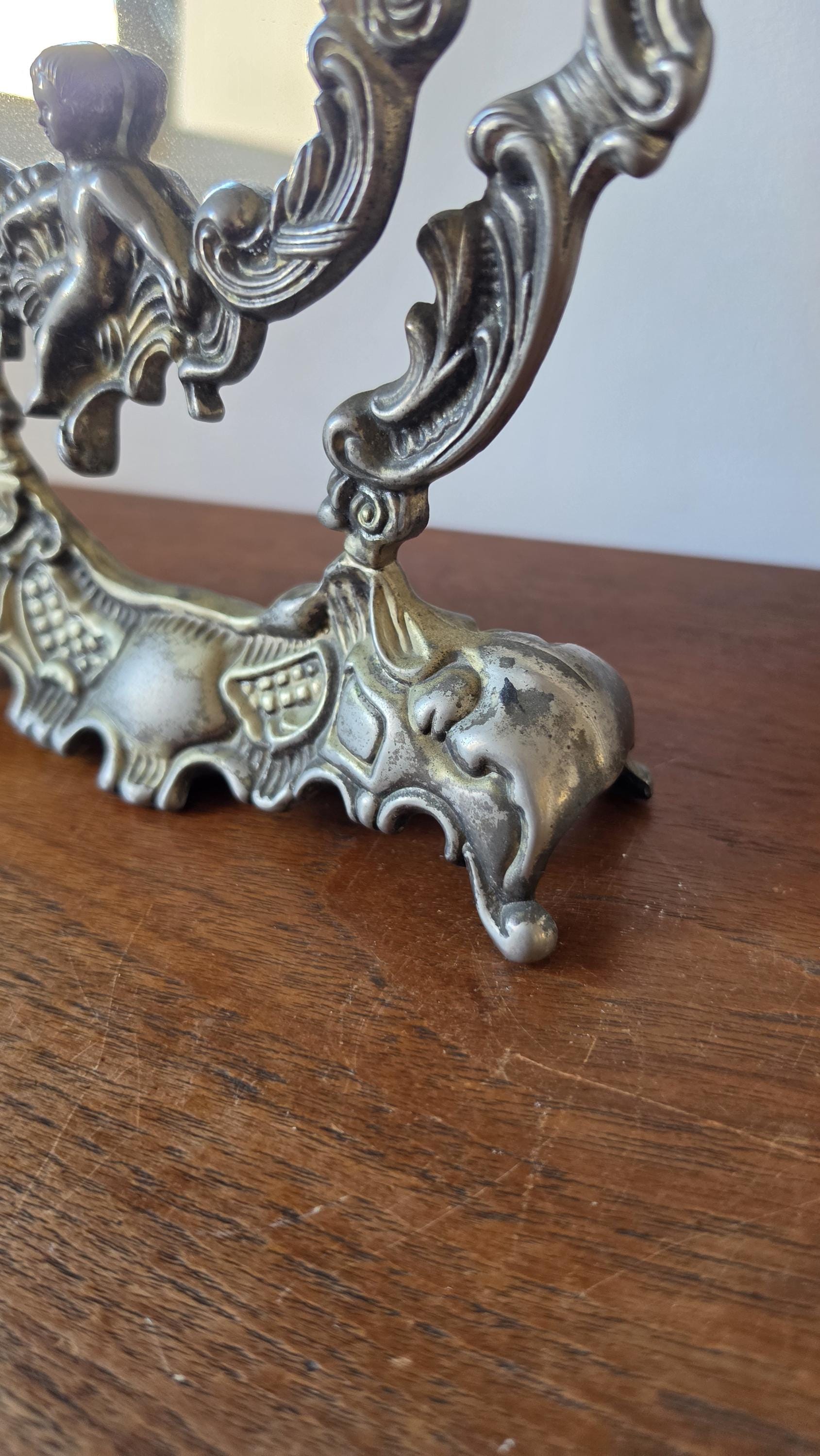 Vintage Ornate Cherub Vanity Mirror, Baroque Style Table Mirror, Silver Tone Dressing Mirror, Romantic Boudoir Decor