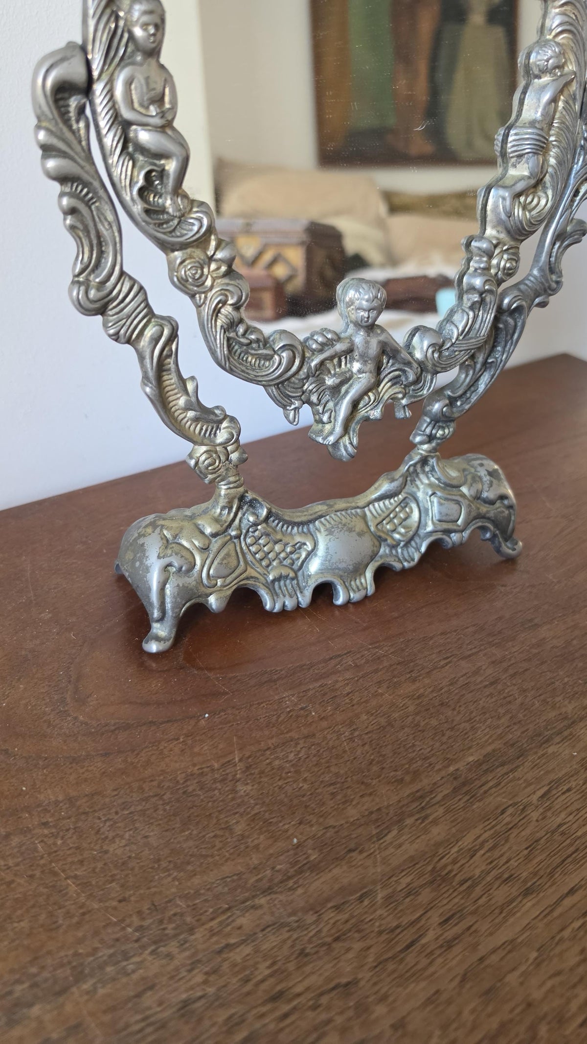 Vintage Ornate Cherub Vanity Mirror, Baroque Style Table Mirror, Silver Tone Dressing Mirror, Romantic Boudoir Decor