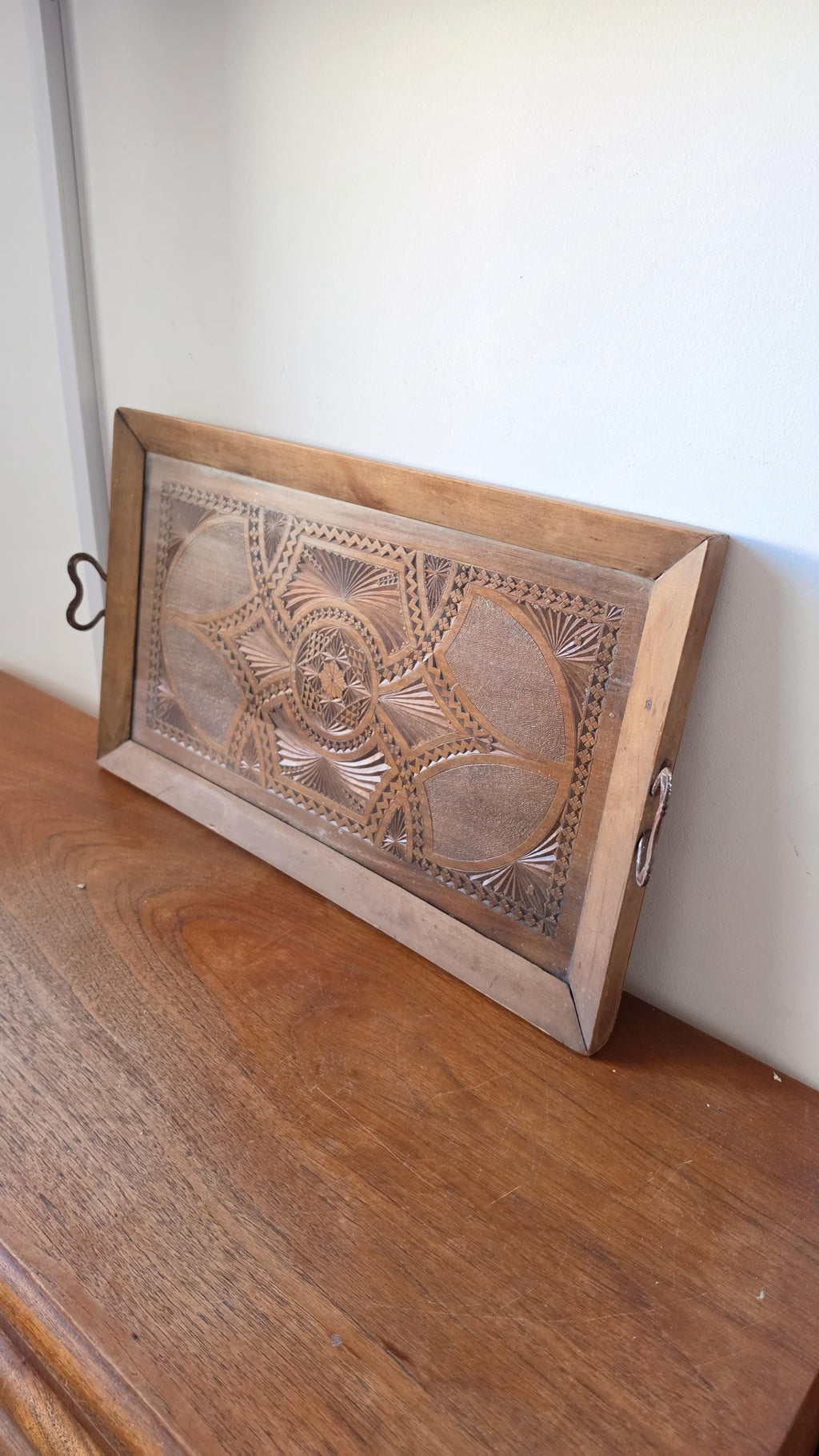 Vintage Hand Carved Wooden Tray with glass inlay , Folk Art Serving Tray with Handles, Rustic Boho Decor, Geometric Wood Platter,