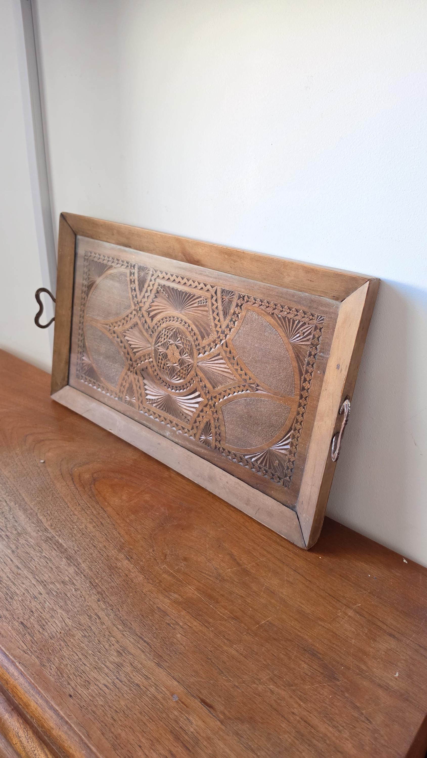 Vintage Hand Carved Wooden Tray with glass inlay , Folk Art Serving Tray with Handles, Rustic Boho Decor, Geometric Wood Platter,