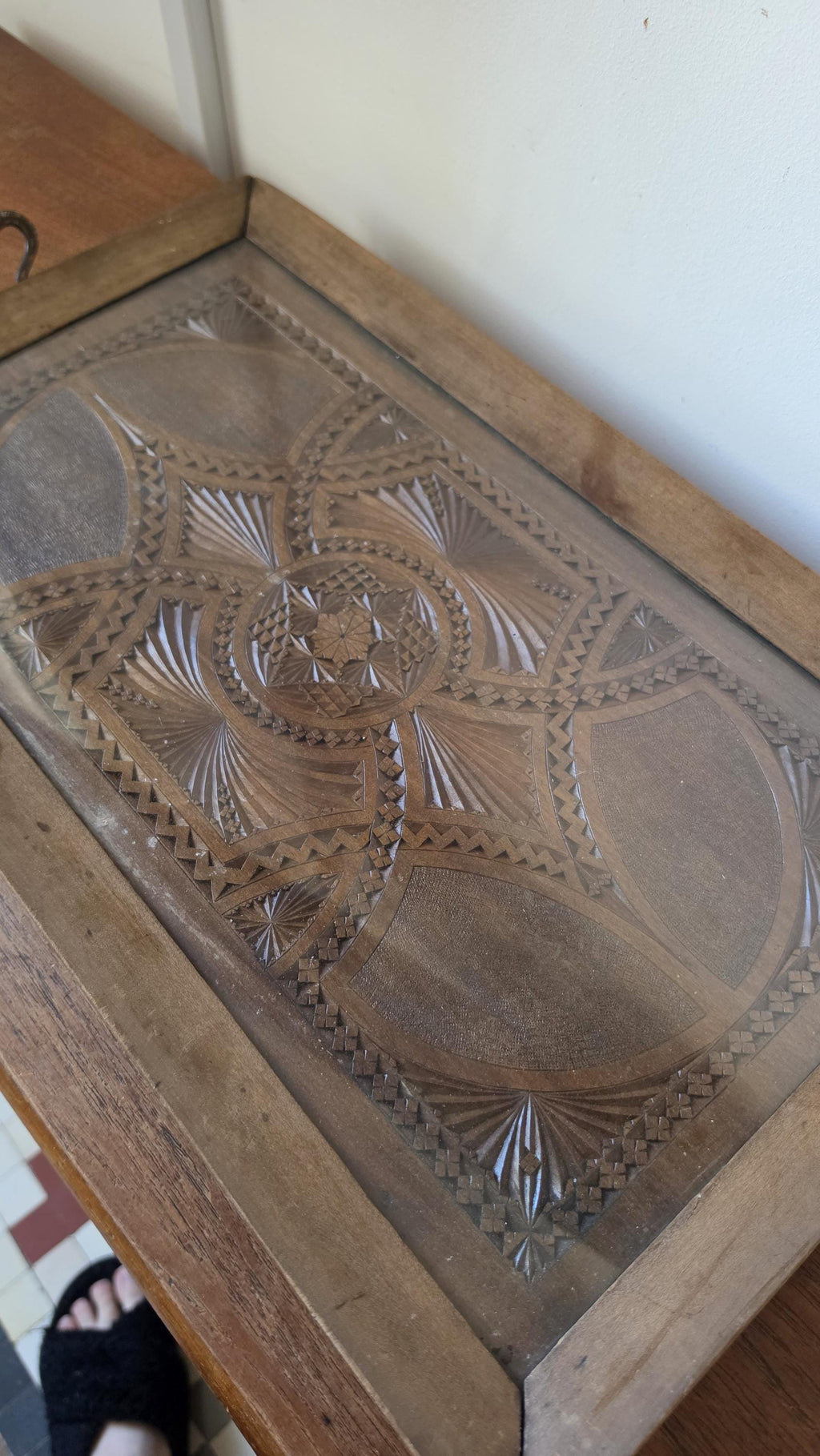 Vintage Hand Carved Wooden Tray with glass inlay , Folk Art Serving Tray with Handles, Rustic Boho Decor, Geometric Wood Platter,