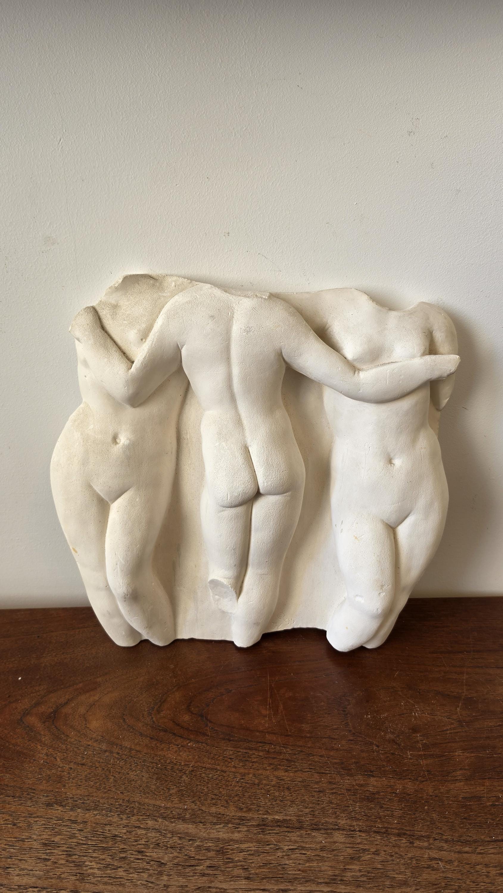 Vintage Plaster Nude Relief Sculpture, Three Graces Wall Art, Figurative Female Body Wall Hanging, Mid Century Modern Art Decor