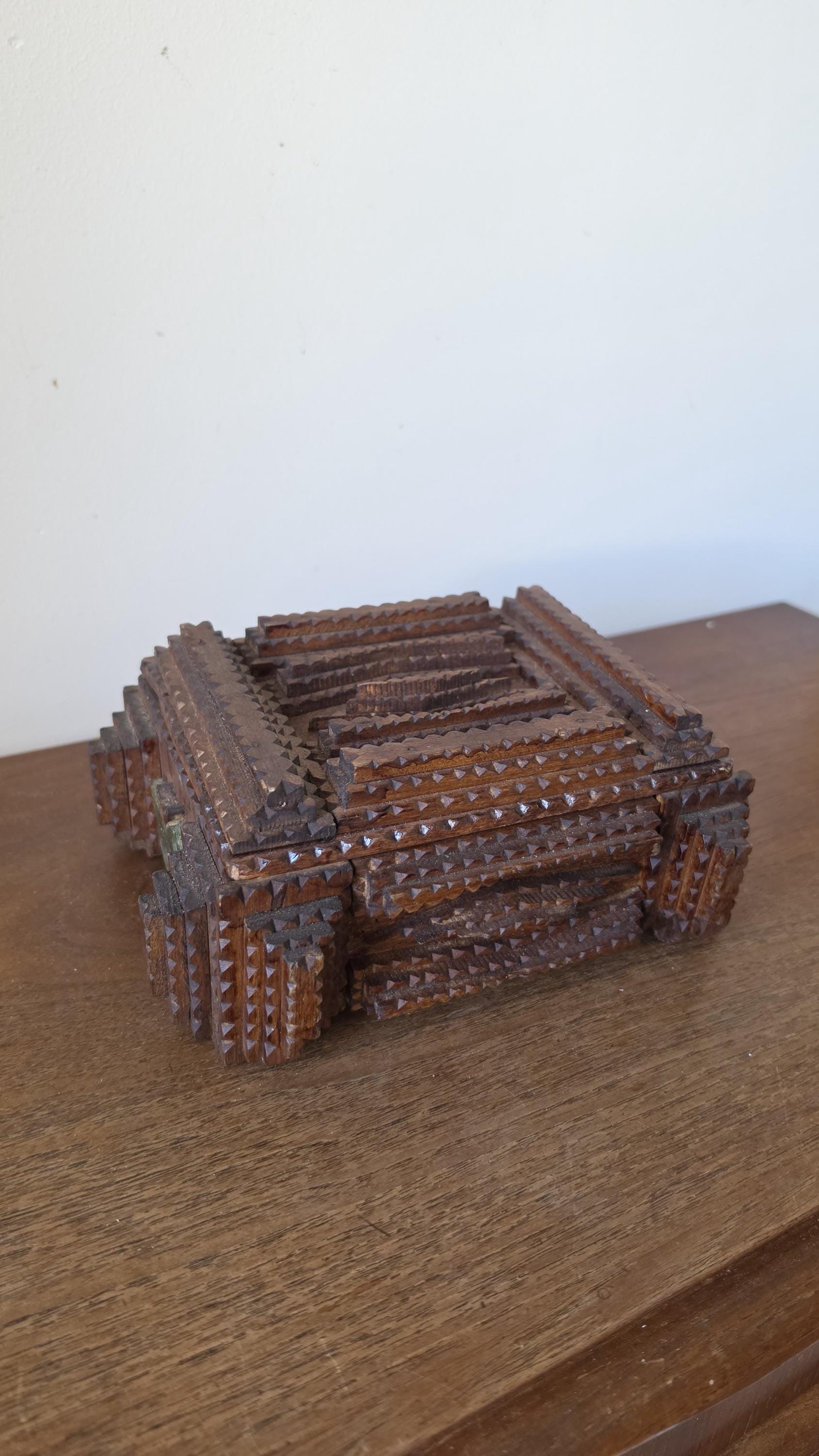 Vintage Tramp Art Wooden Box, Hand Carved Folk Art Jewelry Box, Layered Chip Carved Rustic Storage Box, Primitive Decor