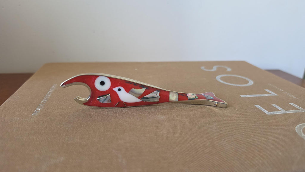 Vintage Mexican Abalone Inlay Bottle Opener, Red Fish Bar Tool, Alpaca Silver Souvenir, Mid Century Barware Decor