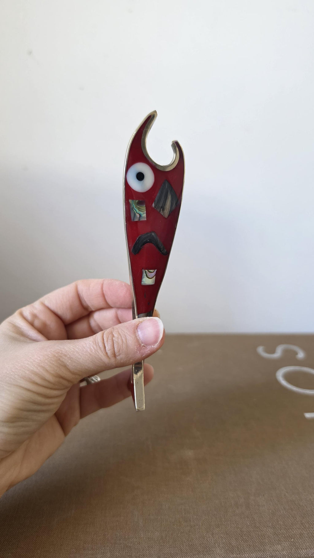 Vintage Mexican Abalone Inlay Bottle Opener, Red Fish Bar Tool, Alpaca Silver Souvenir, Mid Century Barware Decor