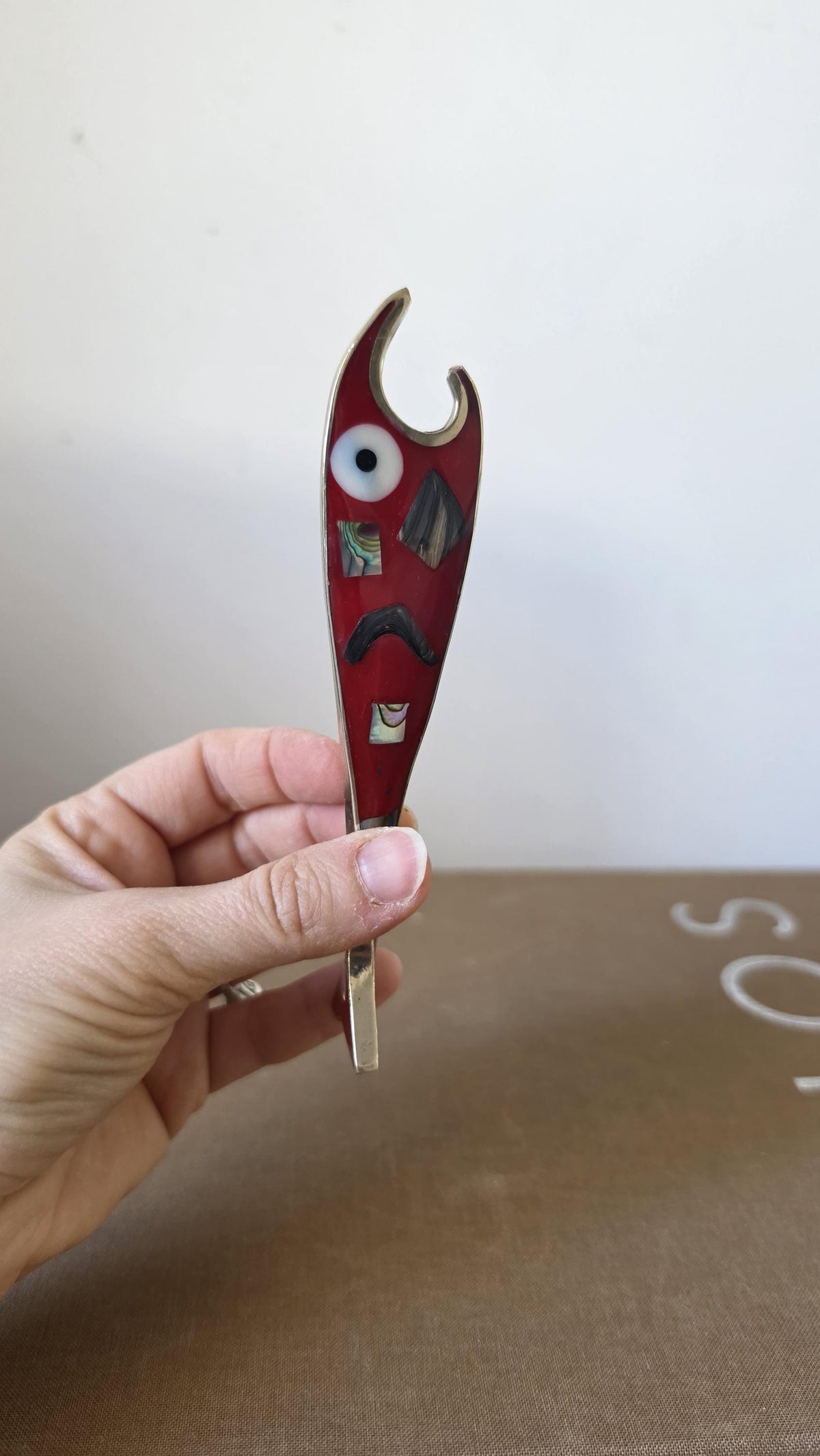 Vintage Mexican Abalone Inlay Bottle Opener, Red Fish Bar Tool, Alpaca Silver Souvenir, Mid Century Barware Decor