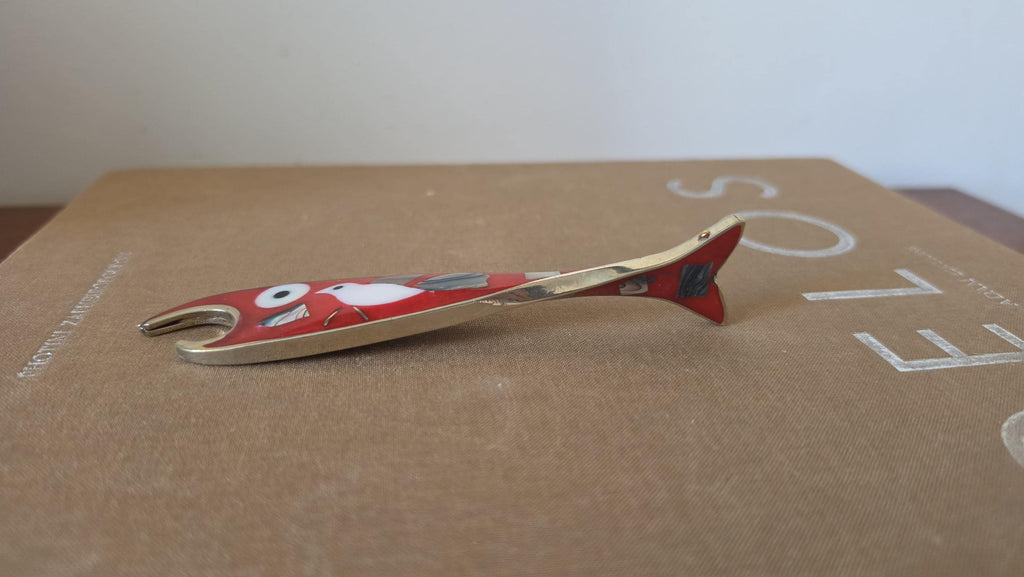 Vintage Mexican Abalone Inlay Bottle Opener, Red Fish Bar Tool, Alpaca Silver Souvenir, Mid Century Barware Decor