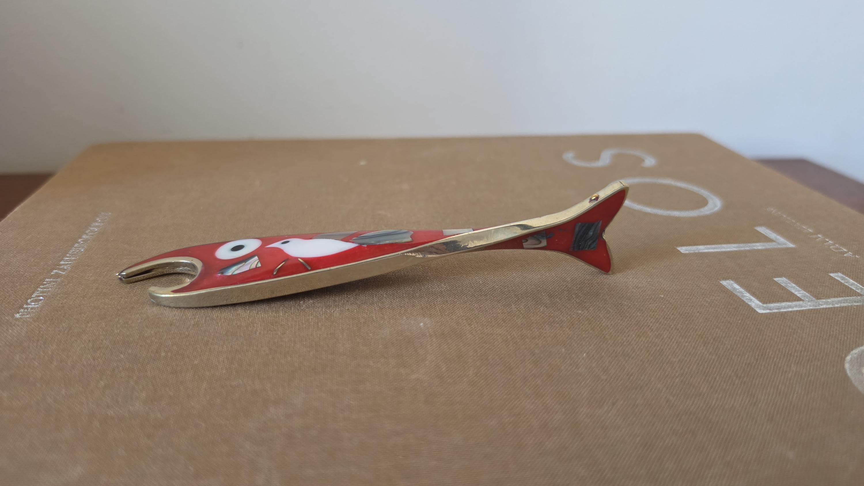 Vintage Mexican Abalone Inlay Bottle Opener, Red Fish Bar Tool, Alpaca Silver Souvenir, Mid Century Barware Decor