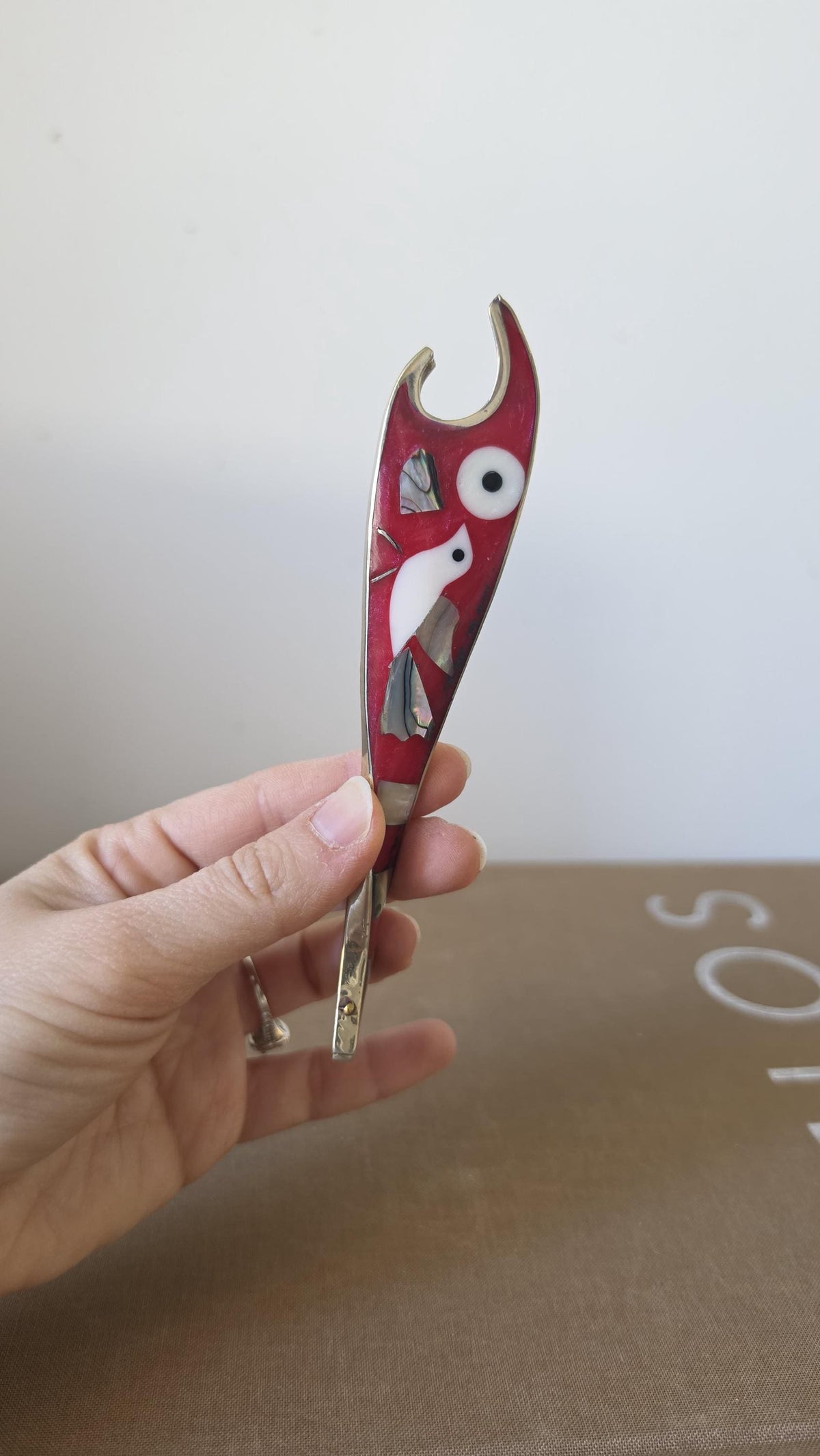Vintage Mexican Abalone Inlay Bottle Opener, Red Fish Bar Tool, Alpaca Silver Souvenir, Mid Century Barware Decor