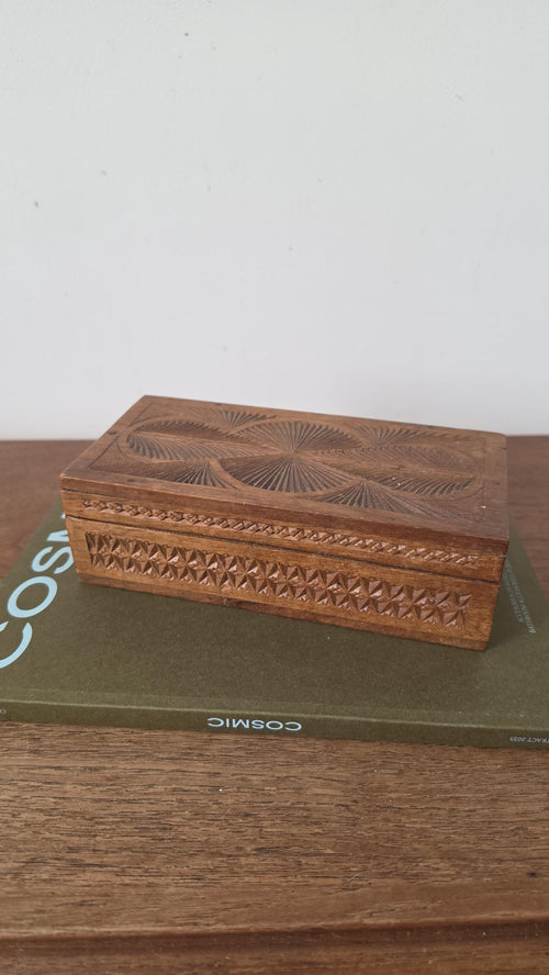 Antique Hand Carved Wooden Box with Compartments, Vintage Tea Box Organizer, Folk Art Wood Storage, Rustic Jewelry Trinket Box