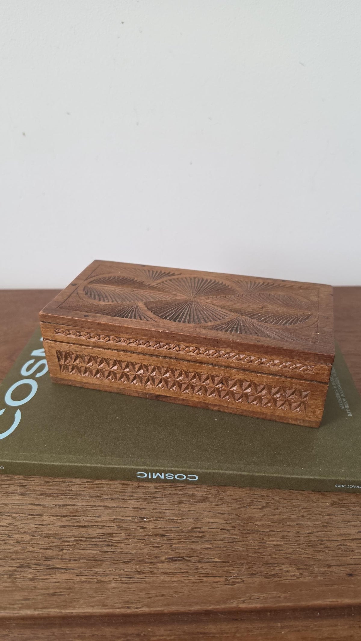Antique Hand Carved Wooden Box with Compartments, Vintage Tea Box Organizer, Folk Art Wood Storage, Rustic Jewelry Trinket Box