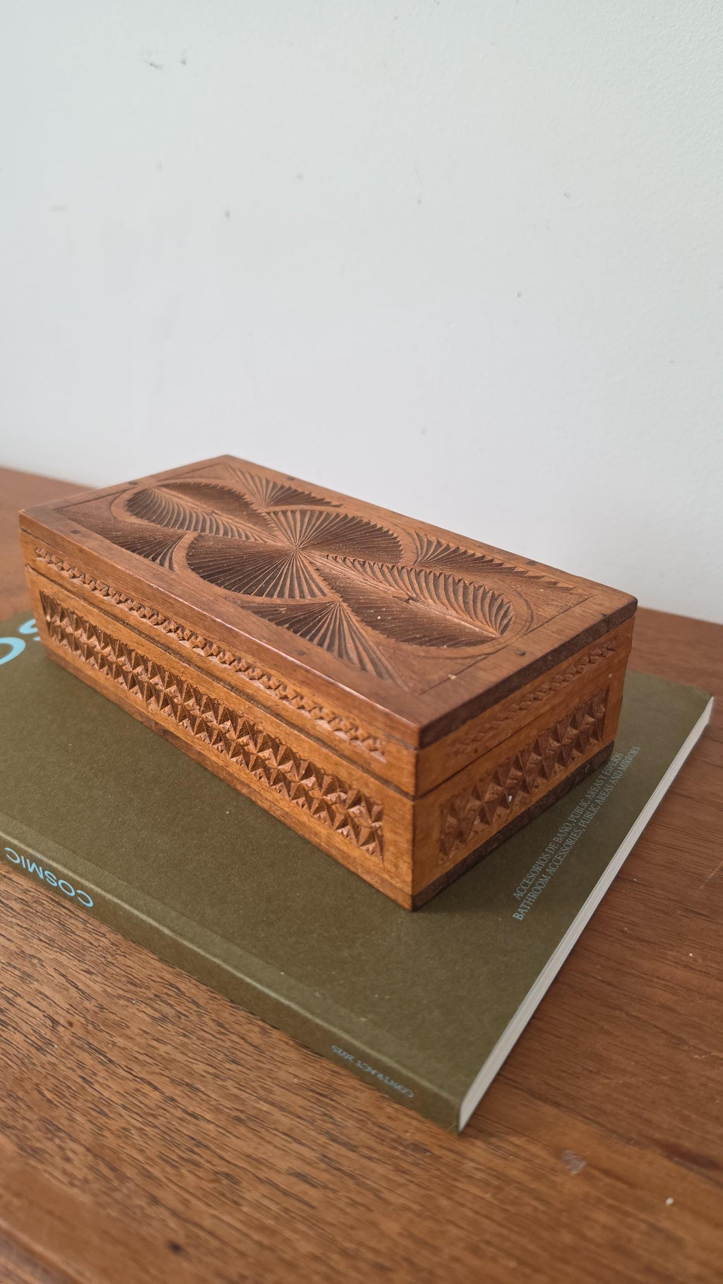 Antique Hand Carved Wooden Box with Compartments, Vintage Tea Box Organizer, Folk Art Wood Storage, Rustic Jewelry Trinket Box