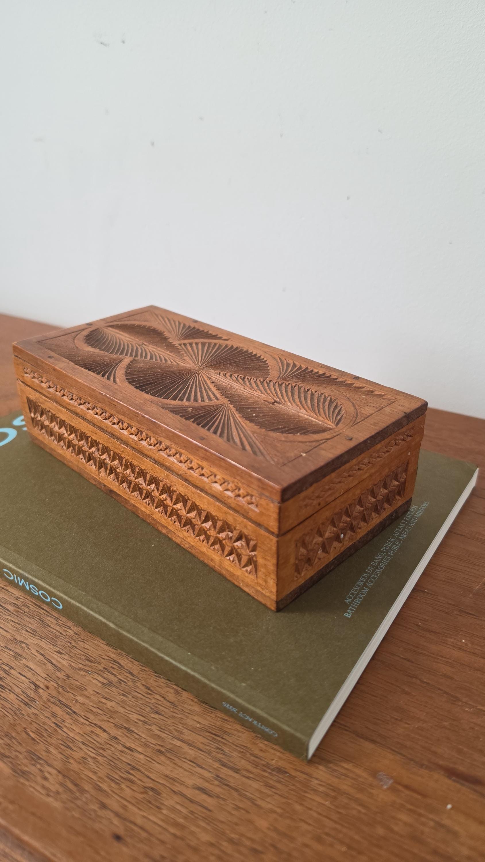 Antique Hand Carved Wooden Box with Compartments, Vintage Tea Box Organizer, Folk Art Wood Storage, Rustic Jewelry Trinket Box