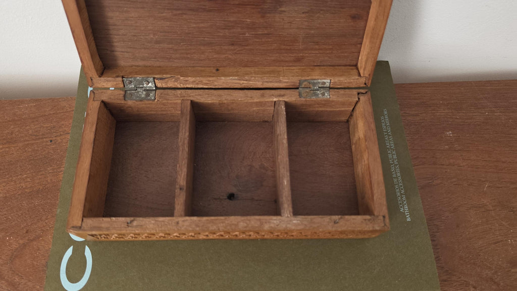 Antique Hand Carved Wooden Box with Compartments, Vintage Tea Box Organizer, Folk Art Wood Storage, Rustic Jewelry Trinket Box