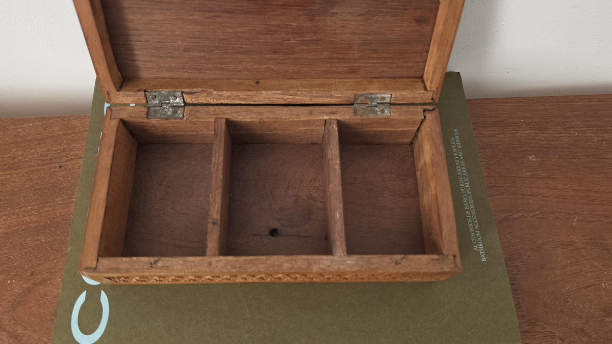 Antique Hand Carved Wooden Box with Compartments, Vintage Tea Box Organizer, Folk Art Wood Storage, Rustic Jewelry Trinket Box