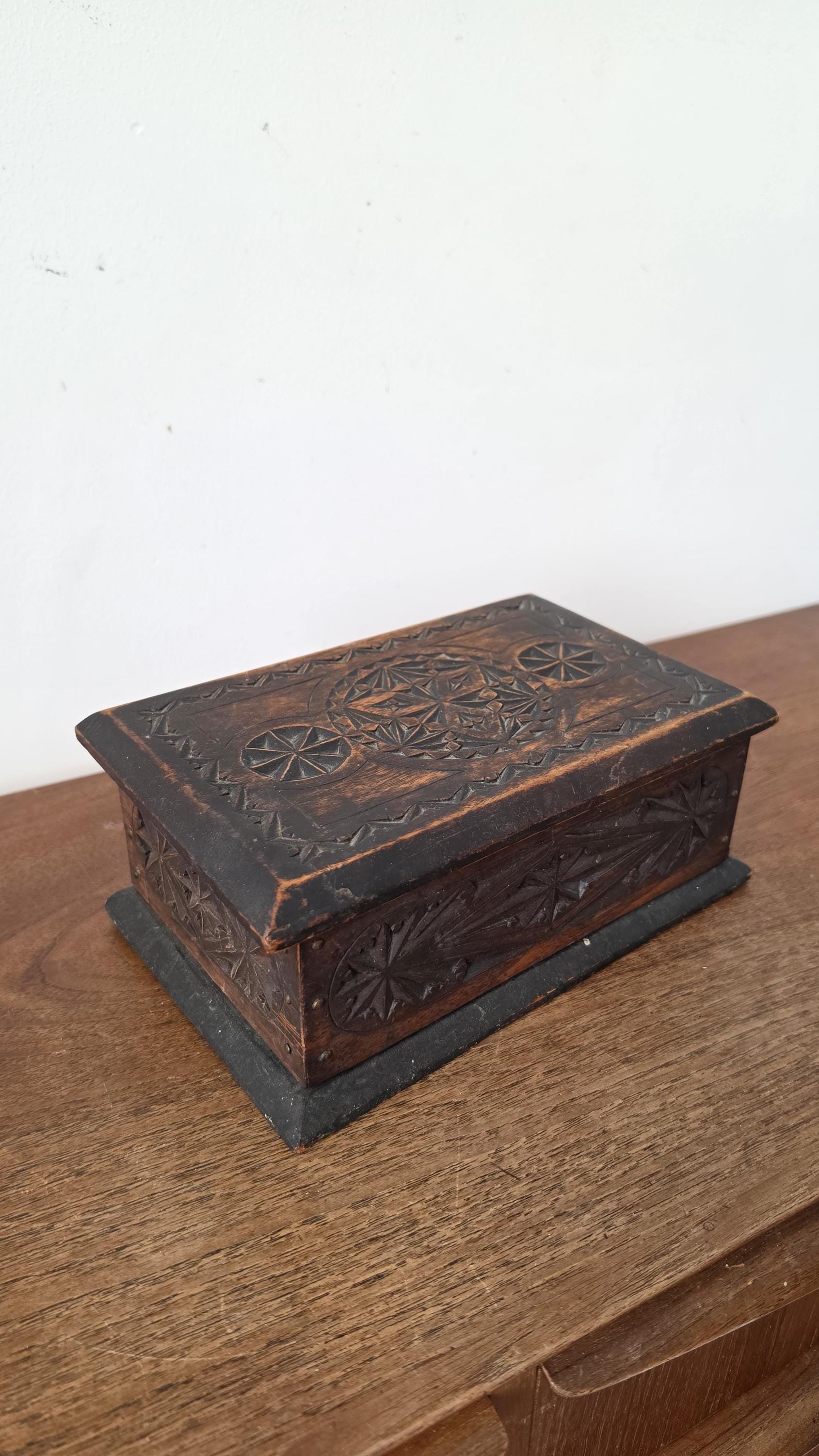 Antique Hand Carved Wooden Box, Folk Art Jewelry Box, Tramp Art Style Storage, Rustic Keepsake Chest, Black Forest Style Decor
