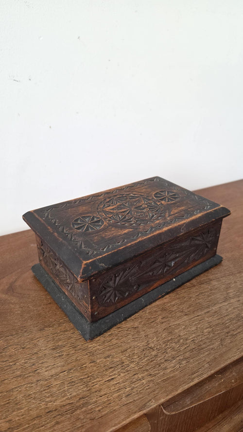 Antique Hand Carved Wooden Box, Folk Art Jewelry Box, Tramp Art Style Storage, Rustic Keepsake Chest, Black Forest Style Decor