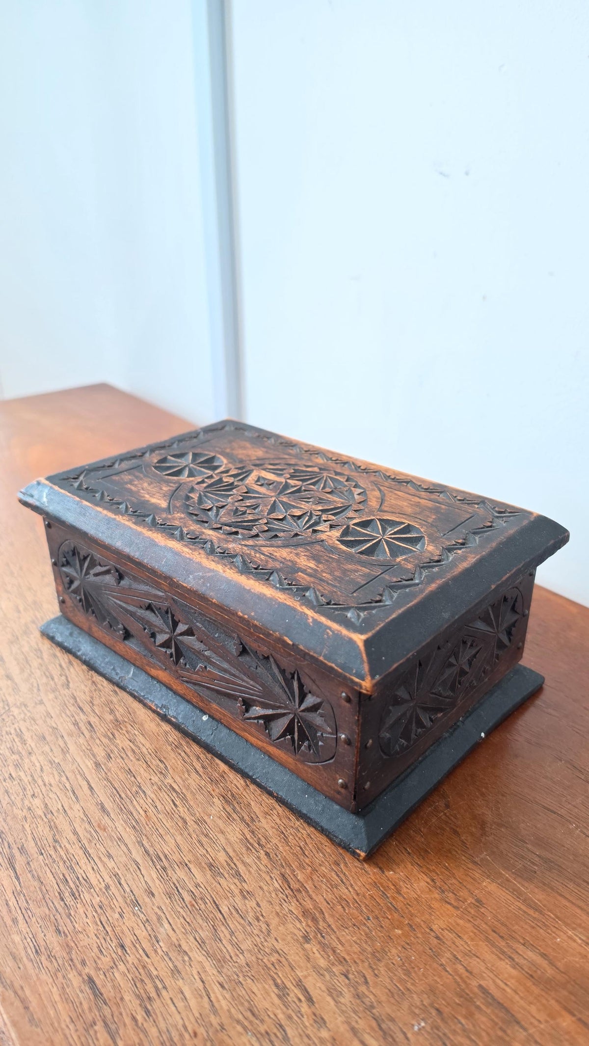 Antique Hand Carved Wooden Box, Folk Art Jewelry Box, Tramp Art Style Storage, Rustic Keepsake Chest, Black Forest Style Decor