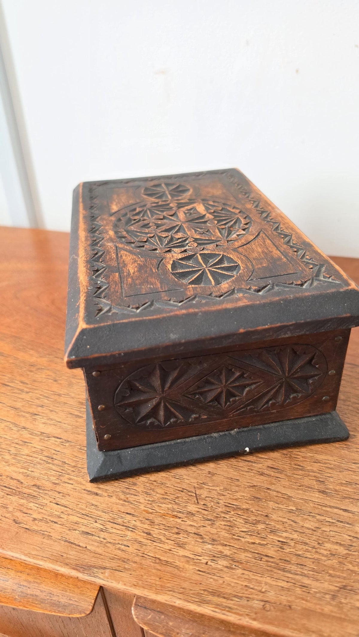 Antique Hand Carved Wooden Box, Folk Art Jewelry Box, Tramp Art Style Storage, Rustic Keepsake Chest, Black Forest Style Decor