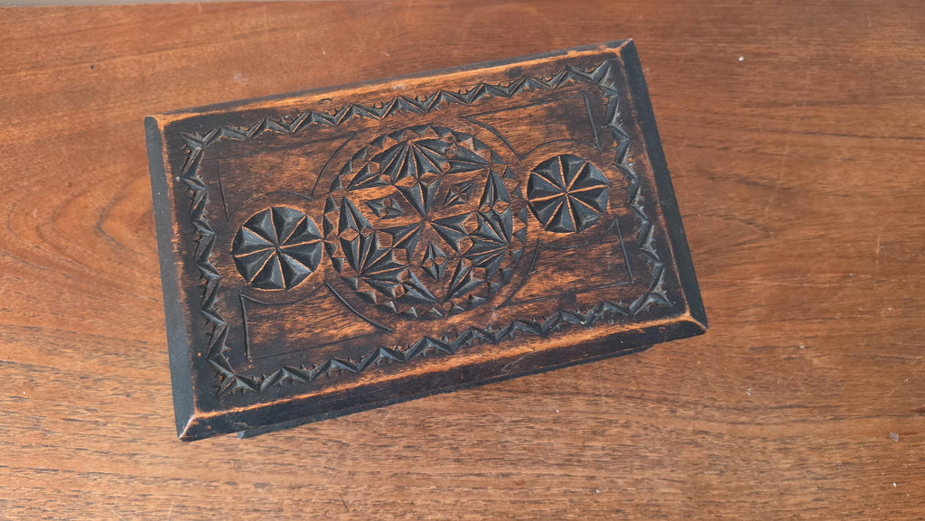 Antique Hand Carved Wooden Box, Folk Art Jewelry Box, Tramp Art Style Storage, Rustic Keepsake Chest, Black Forest Style Decor