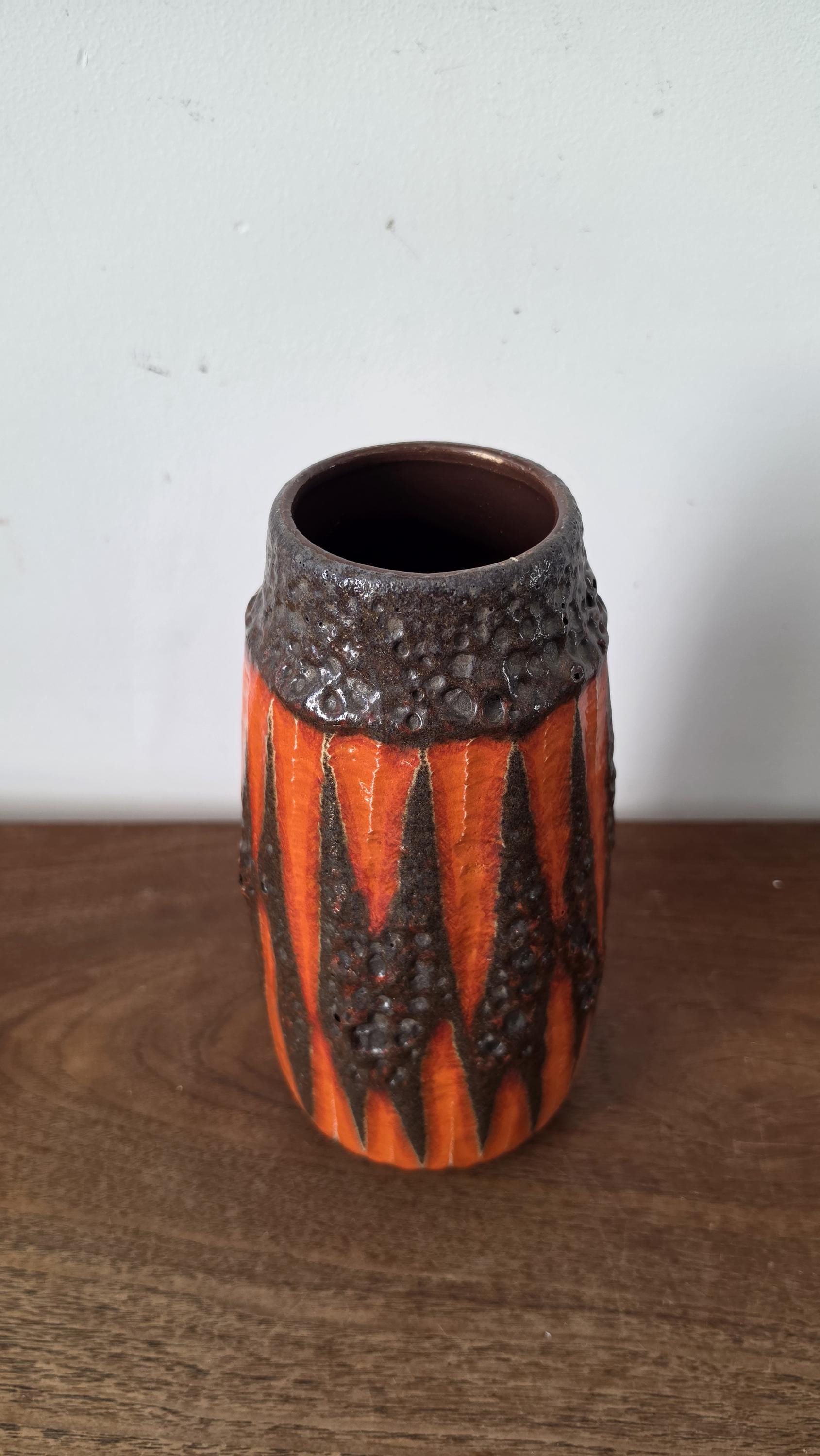 Vintage West German Pottery Vase, Lava Glaze Ceramic, Fat Lava Vase Orange Black, Mid Century Modern Decor, Scheurich Style Vase