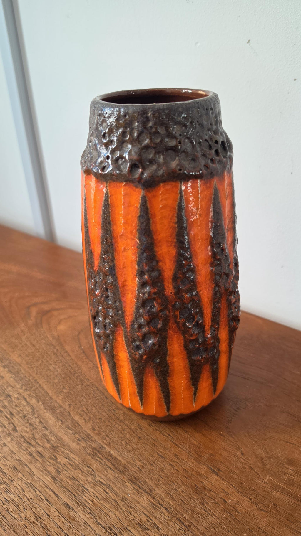 Vintage West German Pottery Vase, Lava Glaze Ceramic, Fat Lava Vase Orange Black, Mid Century Modern Decor, Scheurich Style Vase