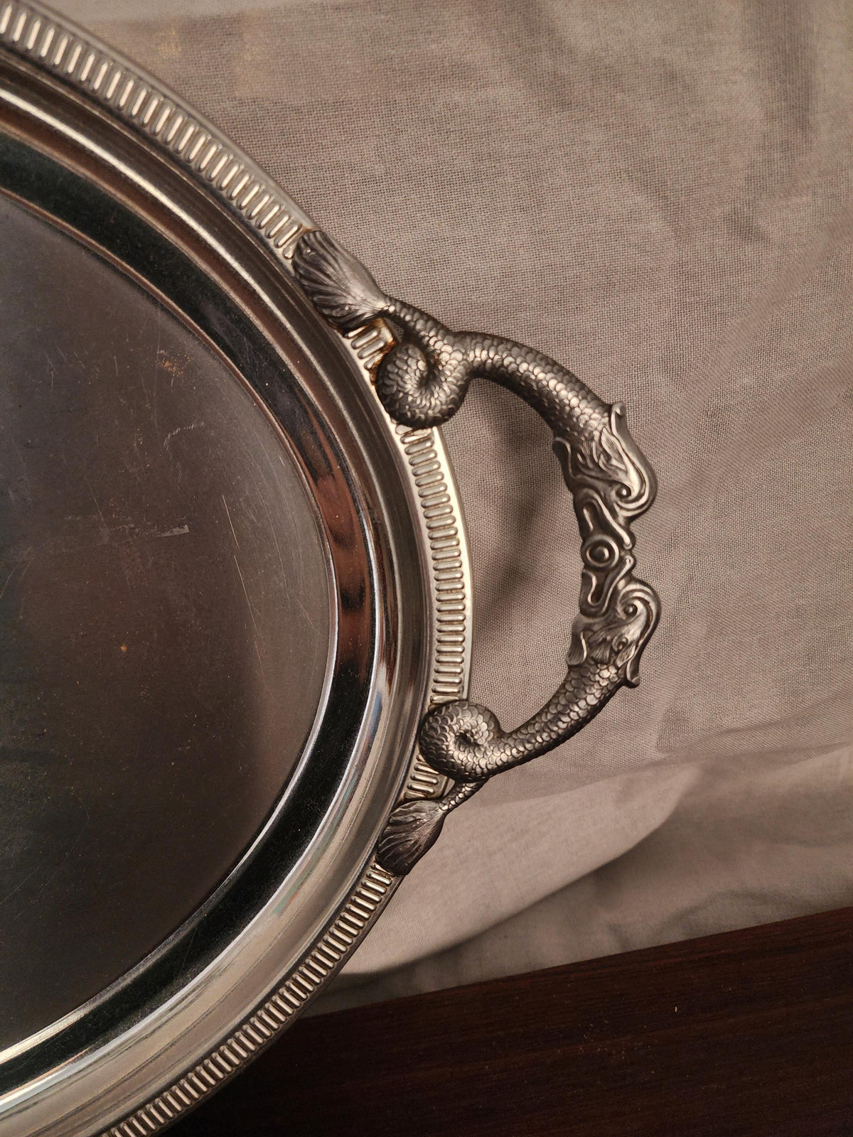 Jean Couzon Silverplate Serving Tray Fish Handles, Vintage French Oval Tray, Large Barware Tray, Mid Century Coastal Decor