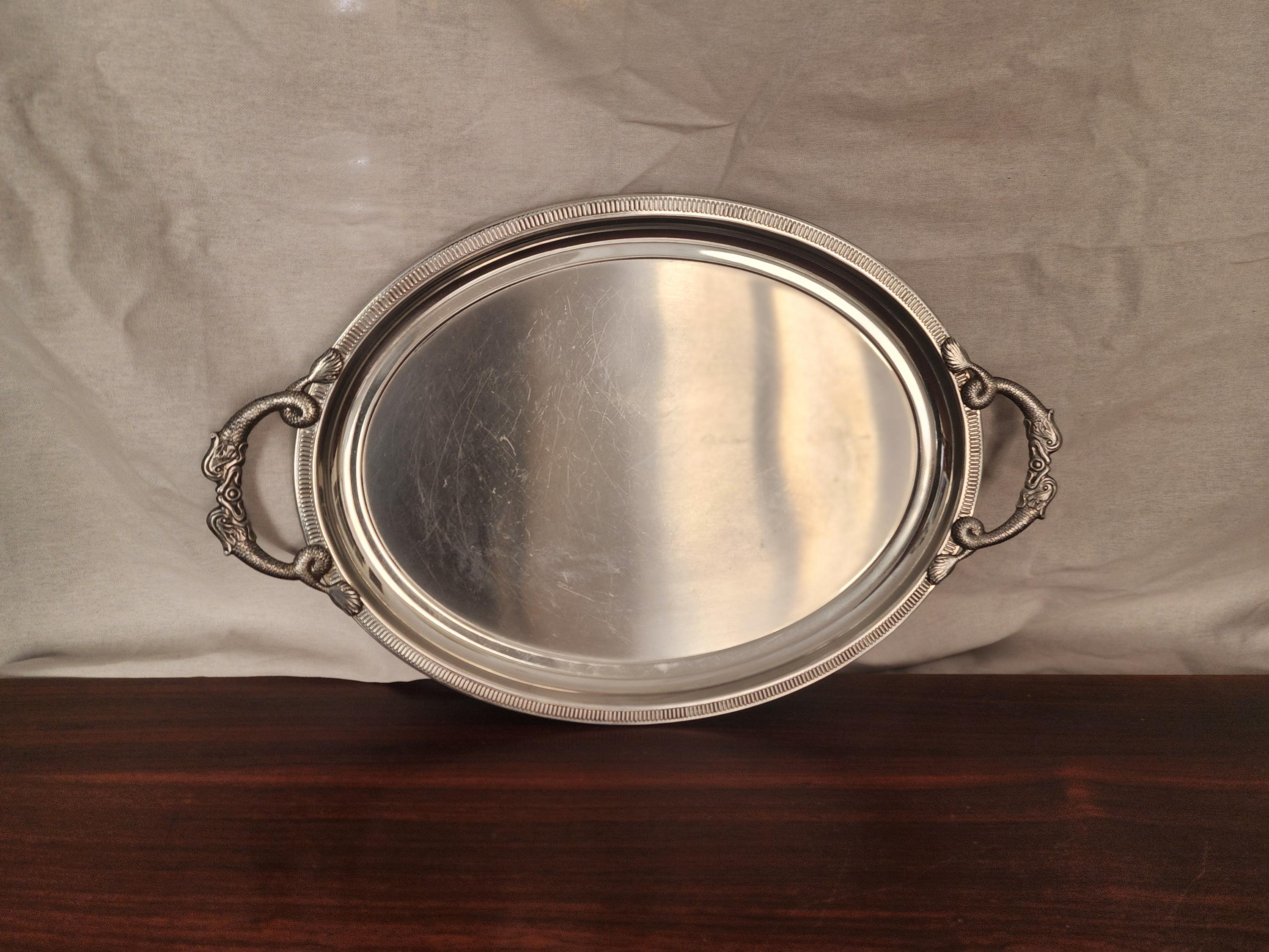 Jean Couzon Silverplate Serving Tray Fish Handles, Vintage French Oval Tray, Large Barware Tray, Mid Century Coastal Decor