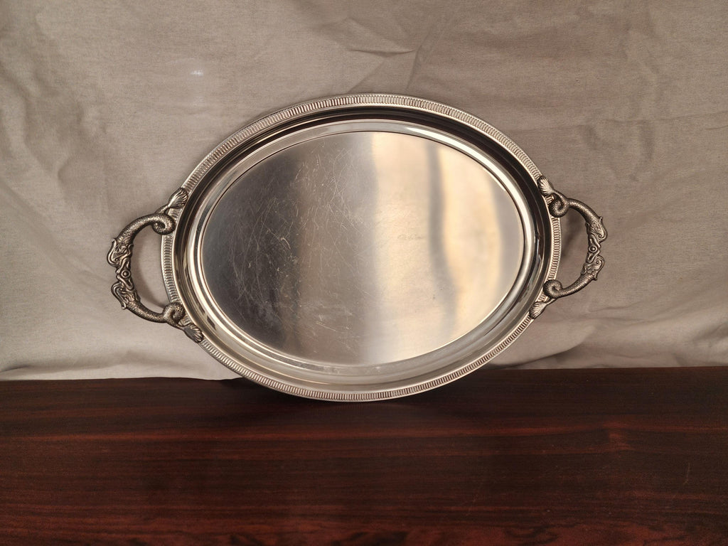 Jean Couzon Silverplate Serving Tray Fish Handles, Vintage French Oval Tray, Large Barware Tray, Mid Century Coastal Decor