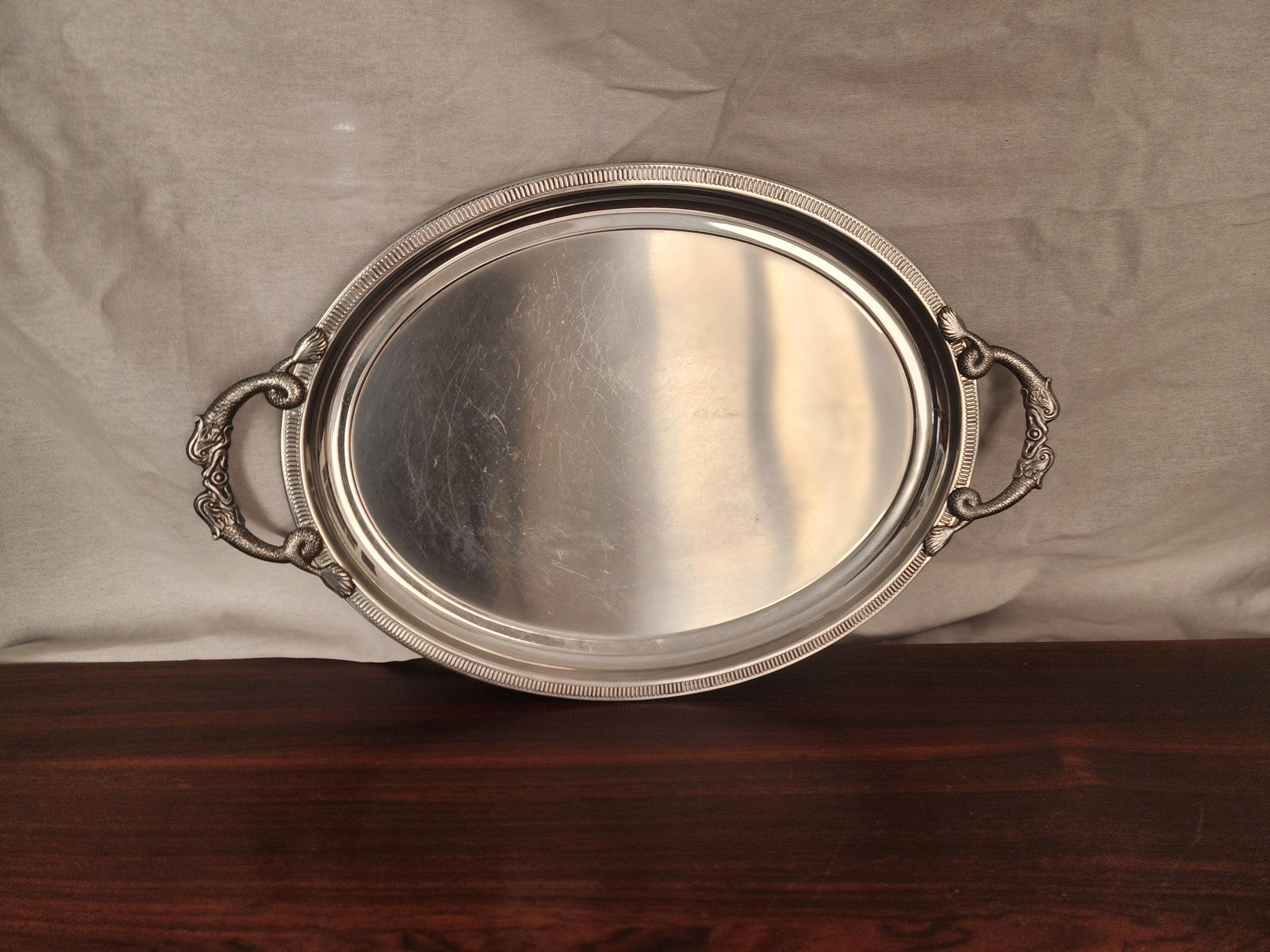 Jean Couzon Silverplate Serving Tray Fish Handles, Vintage French Oval Tray, Large Barware Tray, Mid Century Coastal Decor