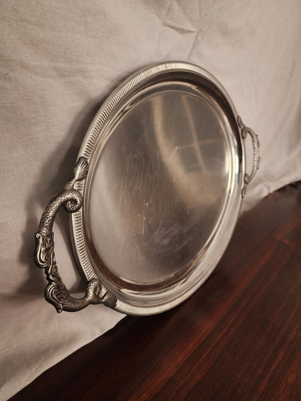 Jean Couzon Silverplate Serving Tray Fish Handles, Vintage French Oval Tray, Large Barware Tray, Mid Century Coastal Decor
