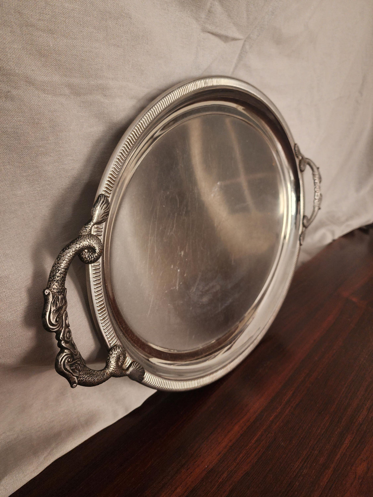 Jean Couzon Silverplate Serving Tray Fish Handles, Vintage French Oval Tray, Large Barware Tray, Mid Century Coastal Decor