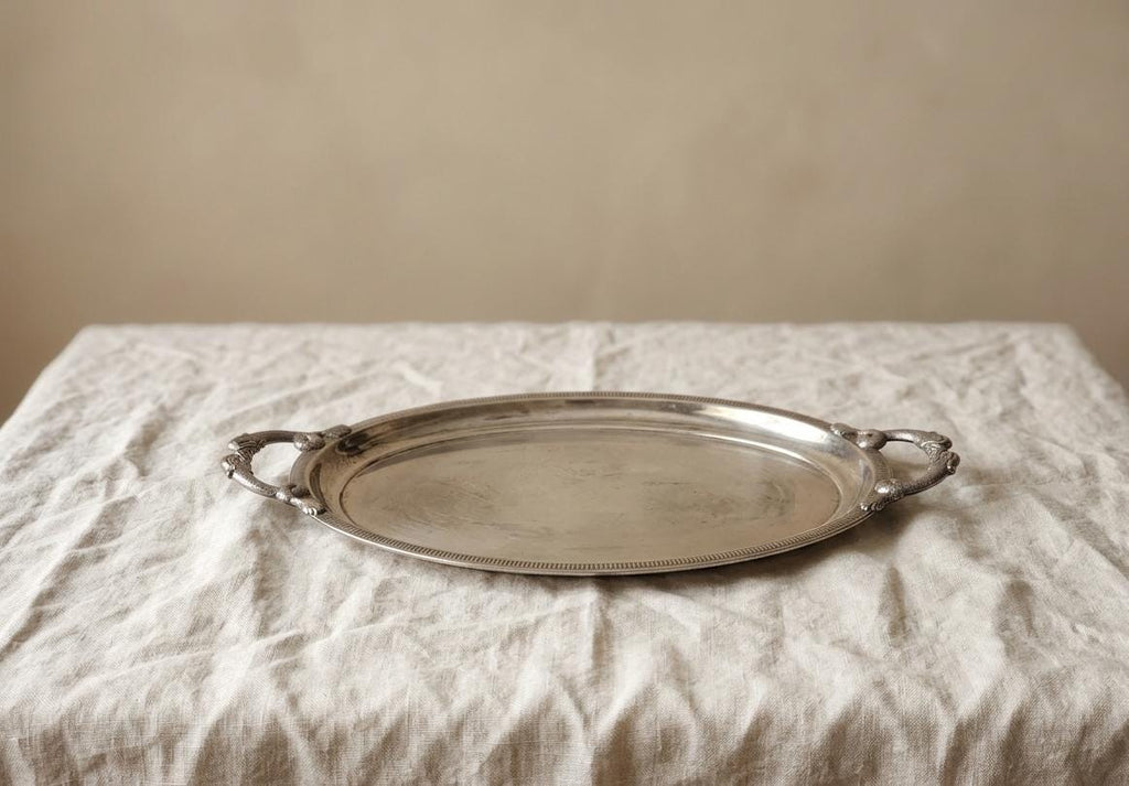 Jean Couzon Silverplate Serving Tray Fish Handles, Vintage French Oval Tray, Large Barware Tray, Mid Century Coastal Decor