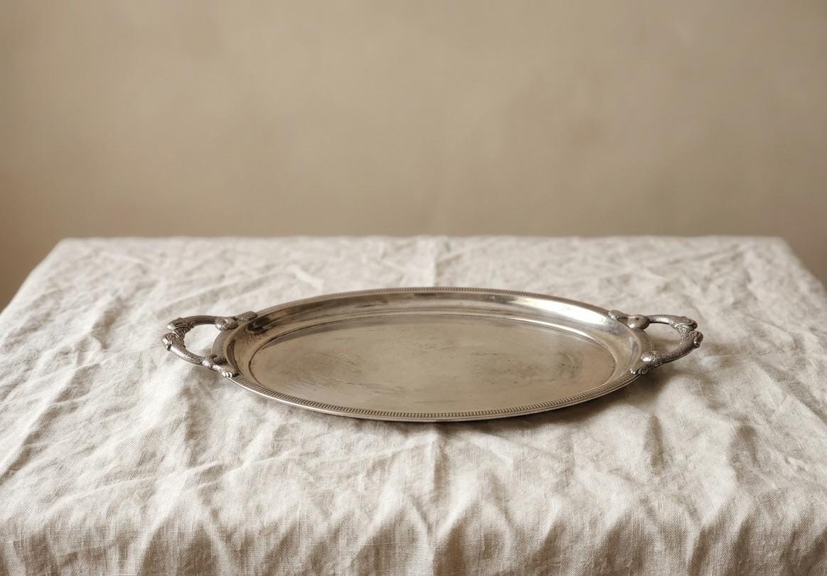 Jean Couzon Silverplate Serving Tray Fish Handles, Vintage French Oval Tray, Large Barware Tray, Mid Century Coastal Decor