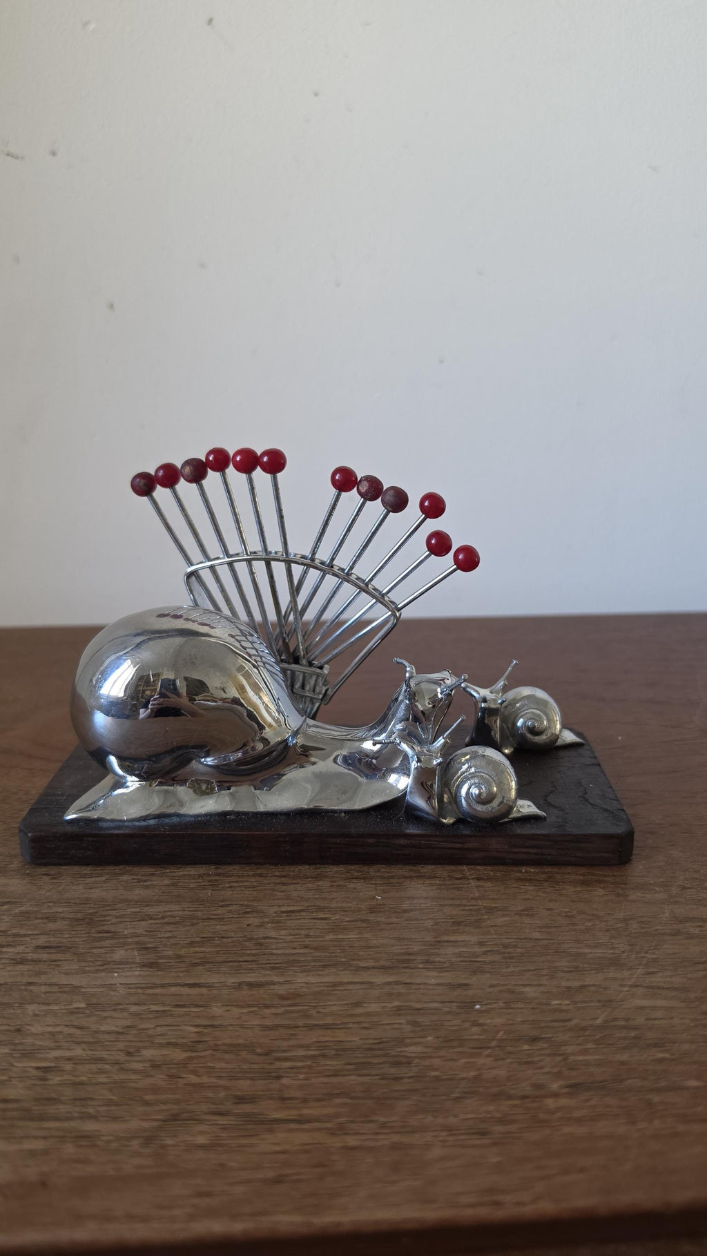 Vintage Snail Cocktail Pick Holder Mid Century Barware Chrome Snail Toothpick Holder Atomic Era Martini Olive Picks