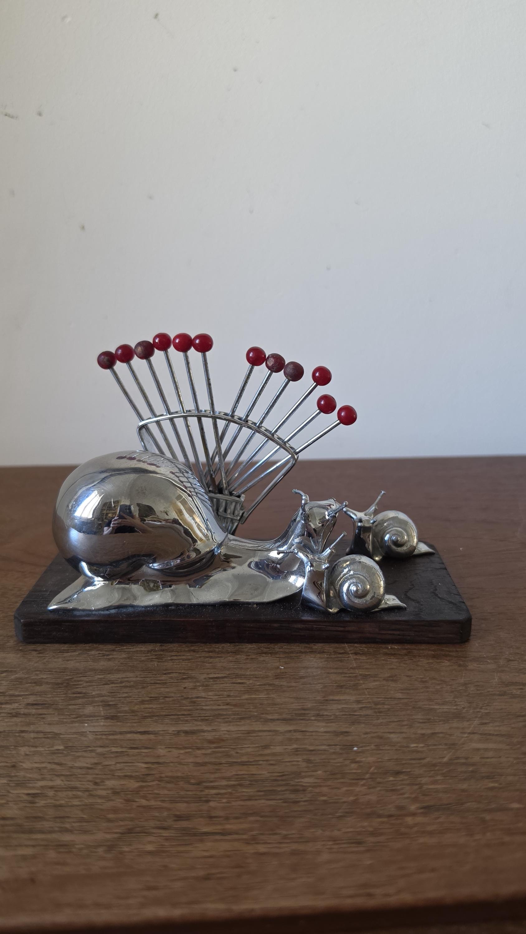 Vintage Snail Cocktail Pick Holder Mid Century Barware Chrome Snail Toothpick Holder Atomic Era Martini Olive Picks