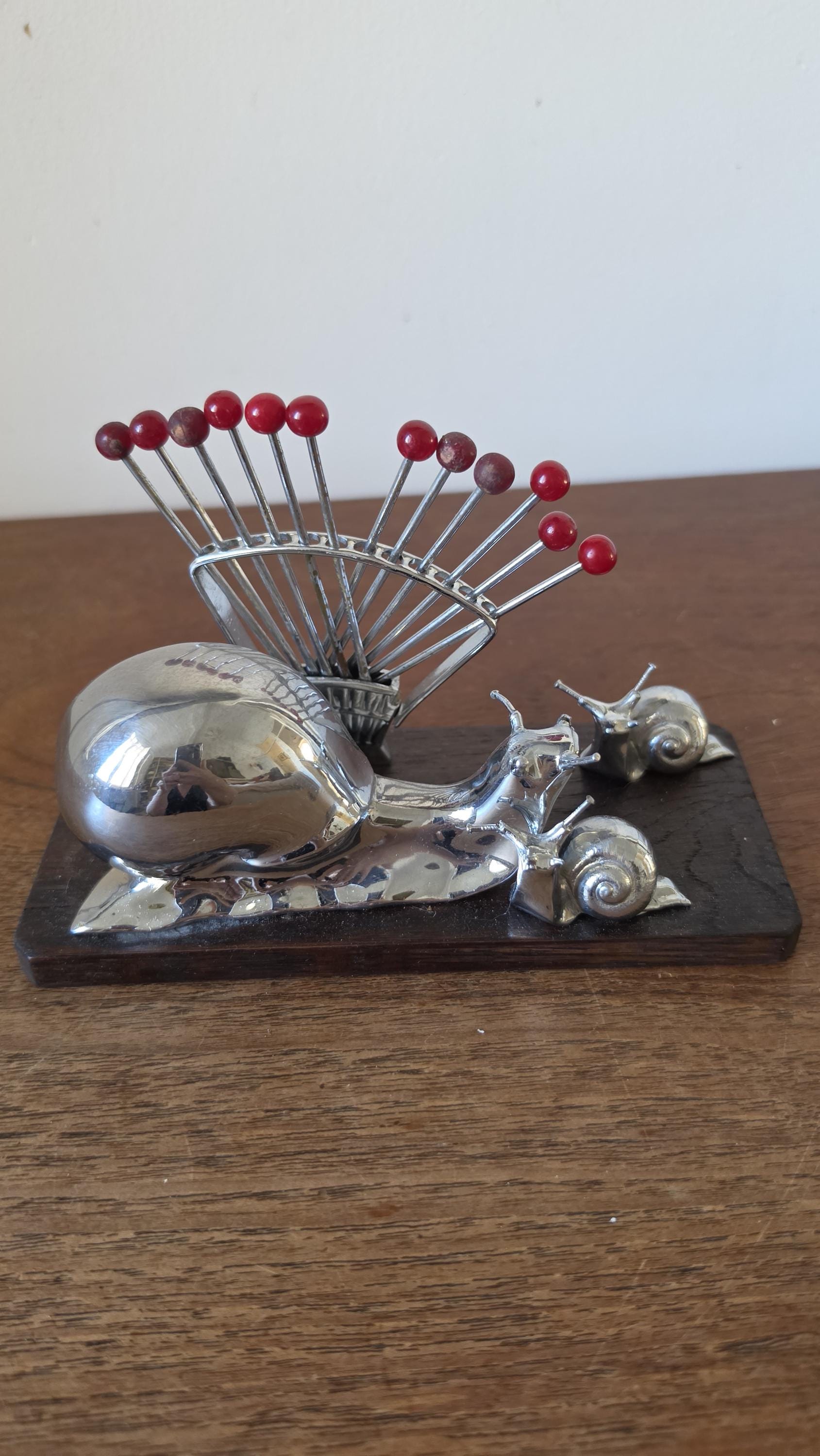 Vintage Snail Cocktail Pick Holder Mid Century Barware Chrome Snail Toothpick Holder Atomic Era Martini Olive Picks