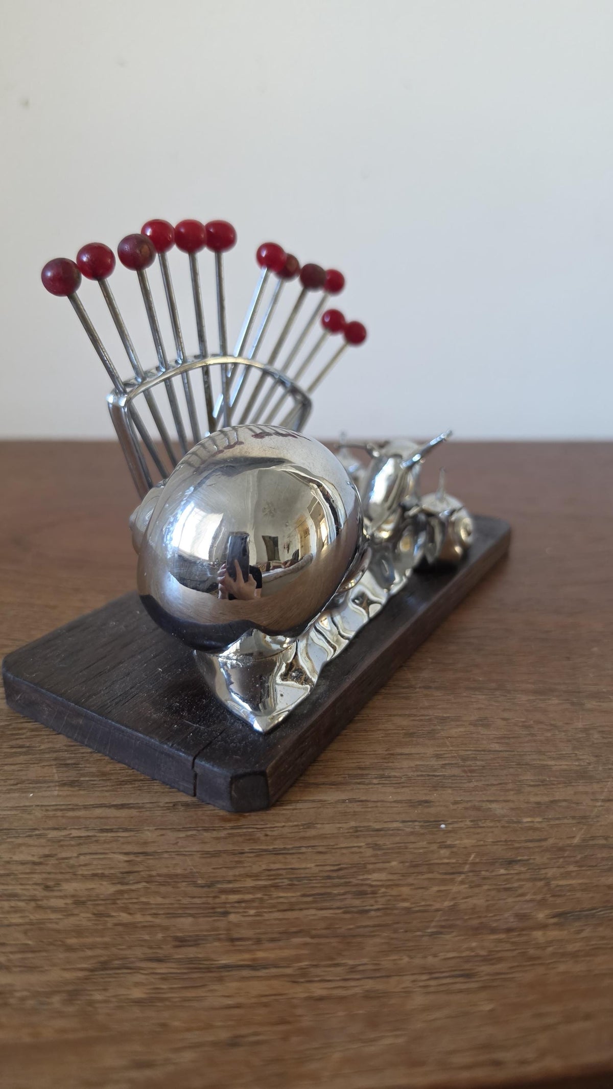 Vintage Snail Cocktail Pick Holder Mid Century Barware Chrome Snail Toothpick Holder Atomic Era Martini Olive Picks