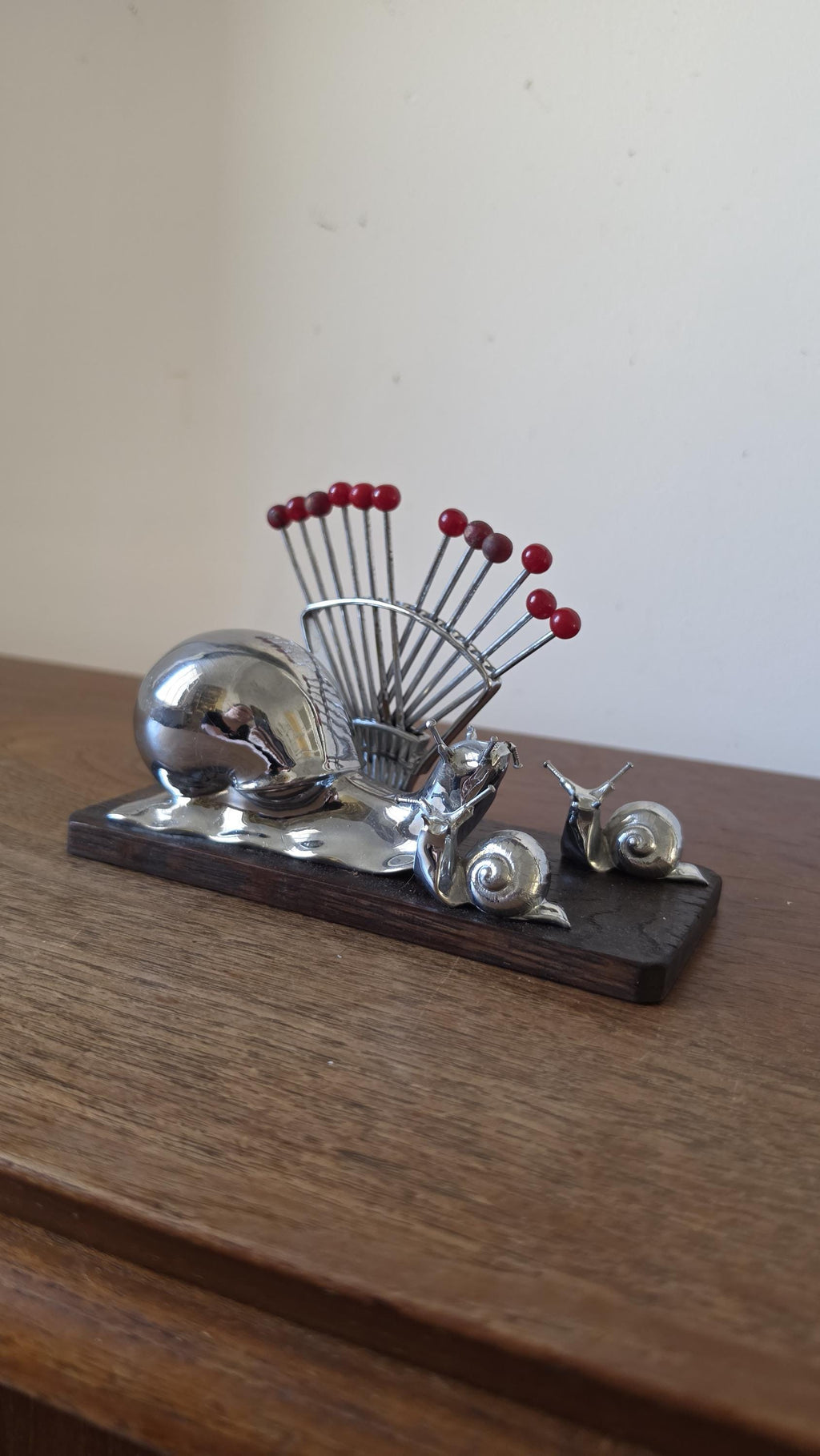 Vintage Snail Cocktail Pick Holder Mid Century Barware Chrome Snail Toothpick Holder Atomic Era Martini Olive Picks