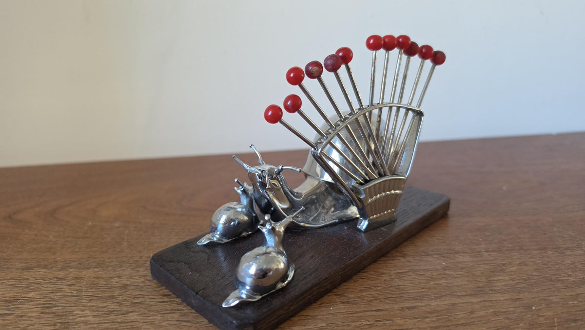 Vintage Snail Cocktail Pick Holder Mid Century Barware Chrome Snail Toothpick Holder Atomic Era Martini Olive Picks
