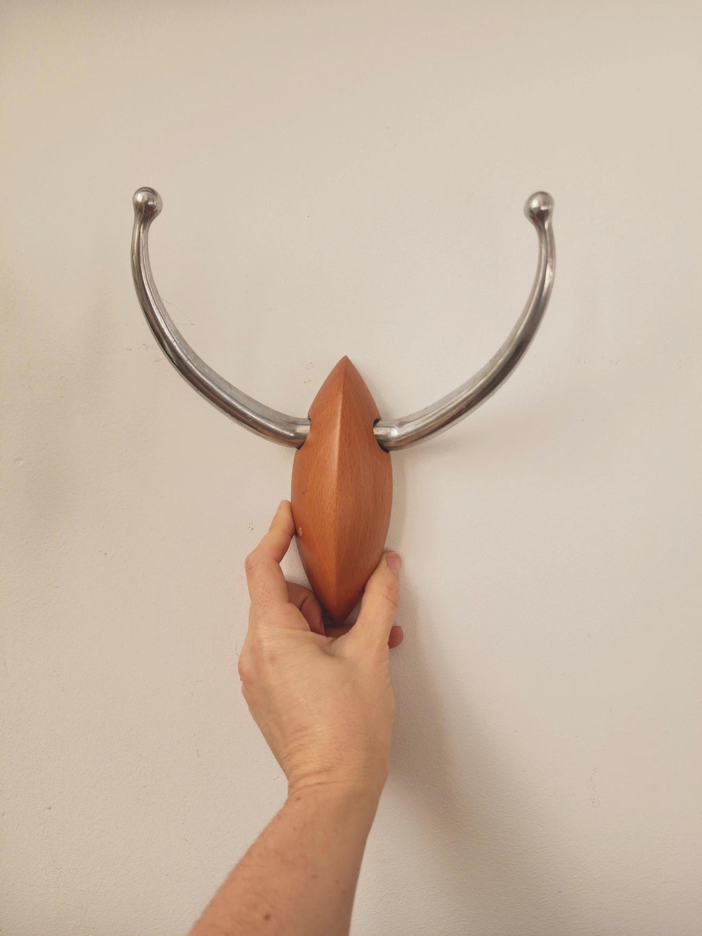 A. Kourilsky Wall Hook for Habitat 1993, French Modernist Design, Aluminium and Wood Coat Hook, Collectible Minimalist Decor