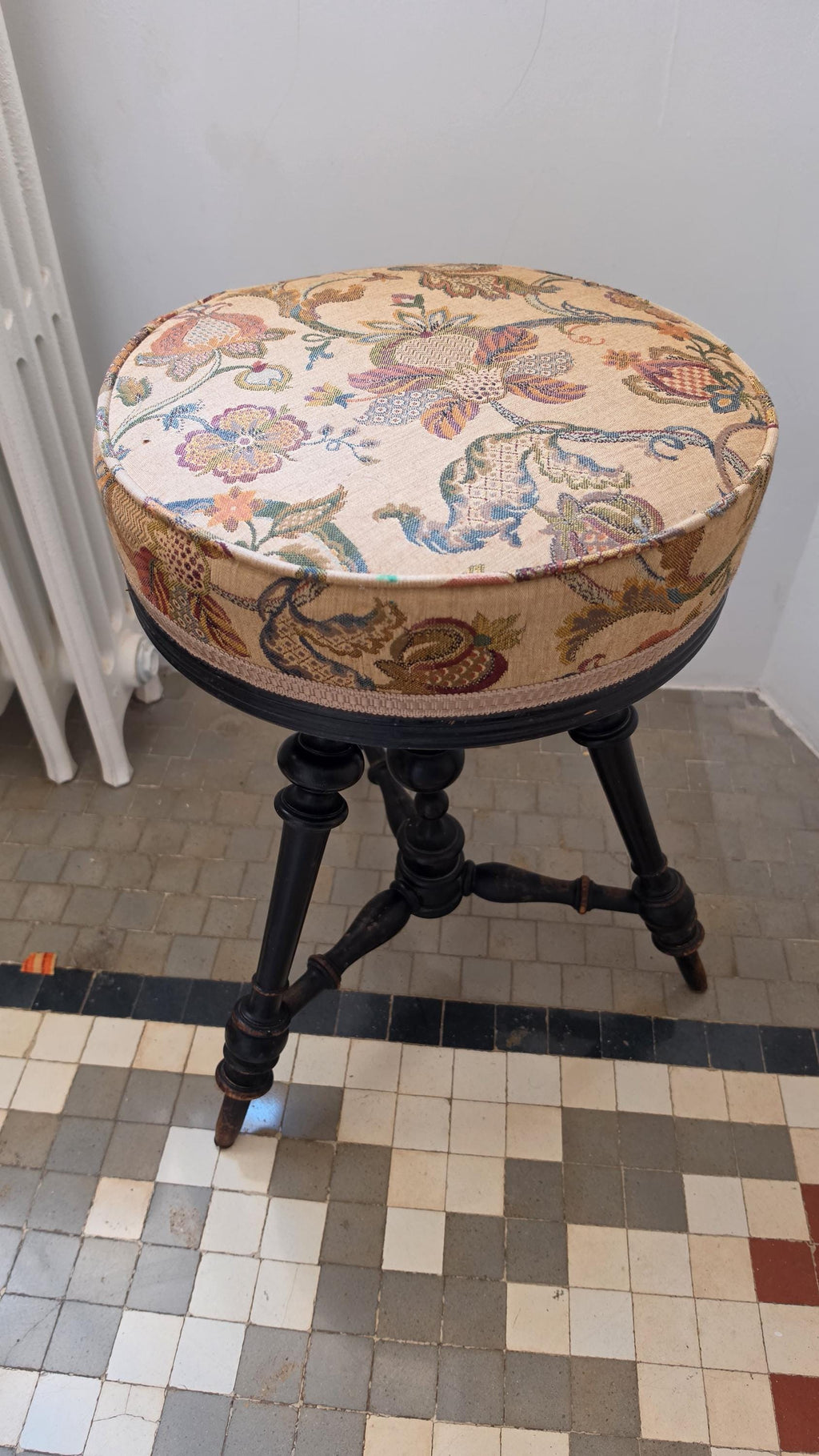 Vintage Piano Stool, Victorian Style Adjustable Stool, English Tudor Seat, Floral Needlepoint Vanity Stool, Dark Wood Turned Stool