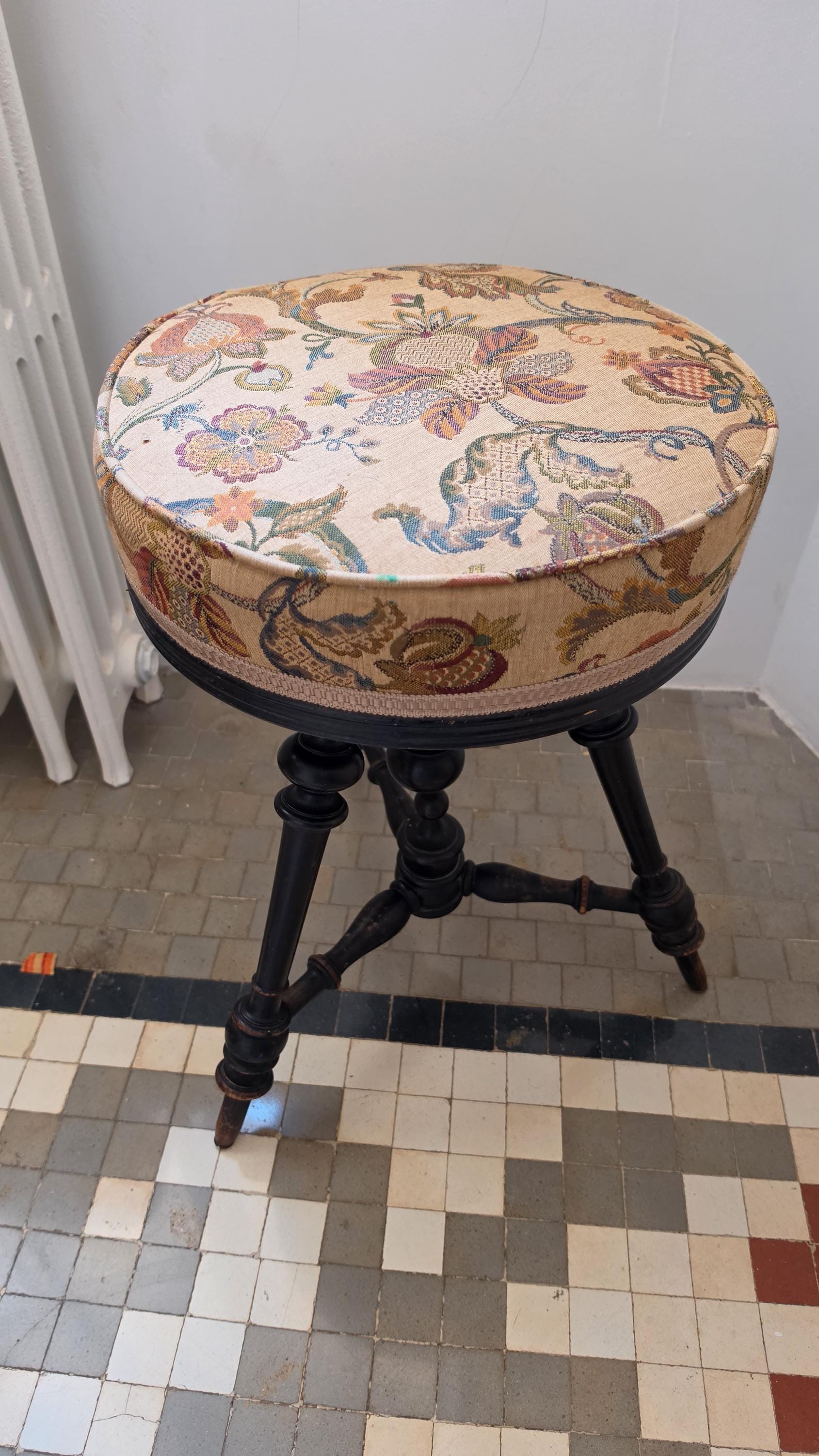 Vintage Piano Stool, Victorian Style Adjustable Stool, English Tudor Seat, Floral Needlepoint Vanity Stool, Dark Wood Turned Stool