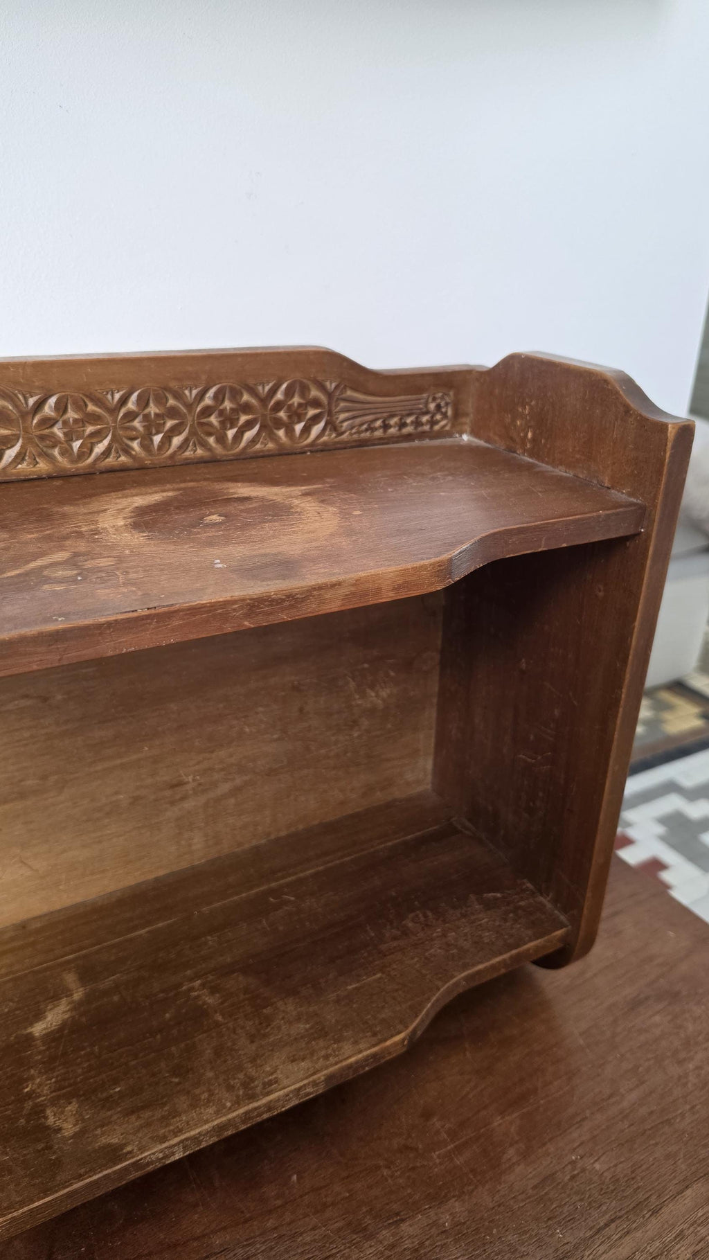 Vintage Wooden Wall Shelf, English Cottage Hanging Shelf, Rustic Farmhouse Plate Rack, Carved Wood Kitchen Shelf, Country Bathroom Storage