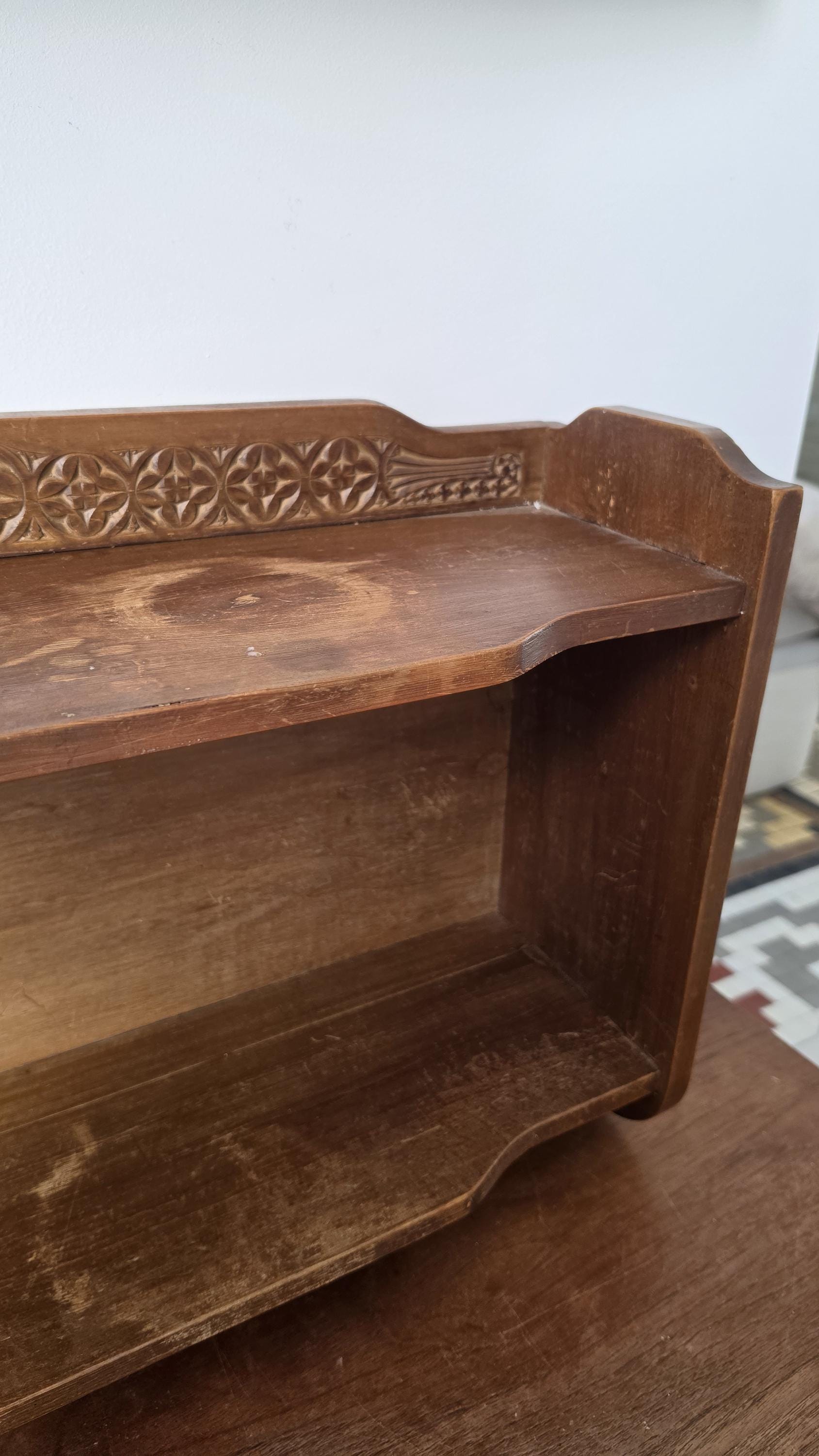 Vintage Wooden Wall Shelf, English Cottage Hanging Shelf, Rustic Farmhouse Plate Rack, Carved Wood Kitchen Shelf, Country Bathroom Storage