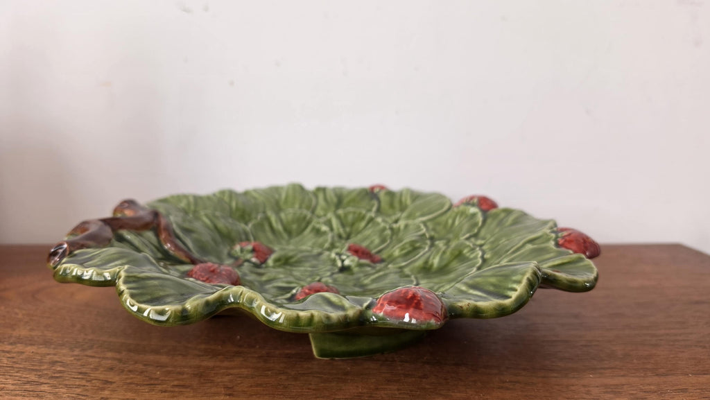 Vintage Majolica Strawberry Plate, Portuguese Ceramic Strawberry Platter, Cottagecore Serving Dish, Botanical Fruitware Decor